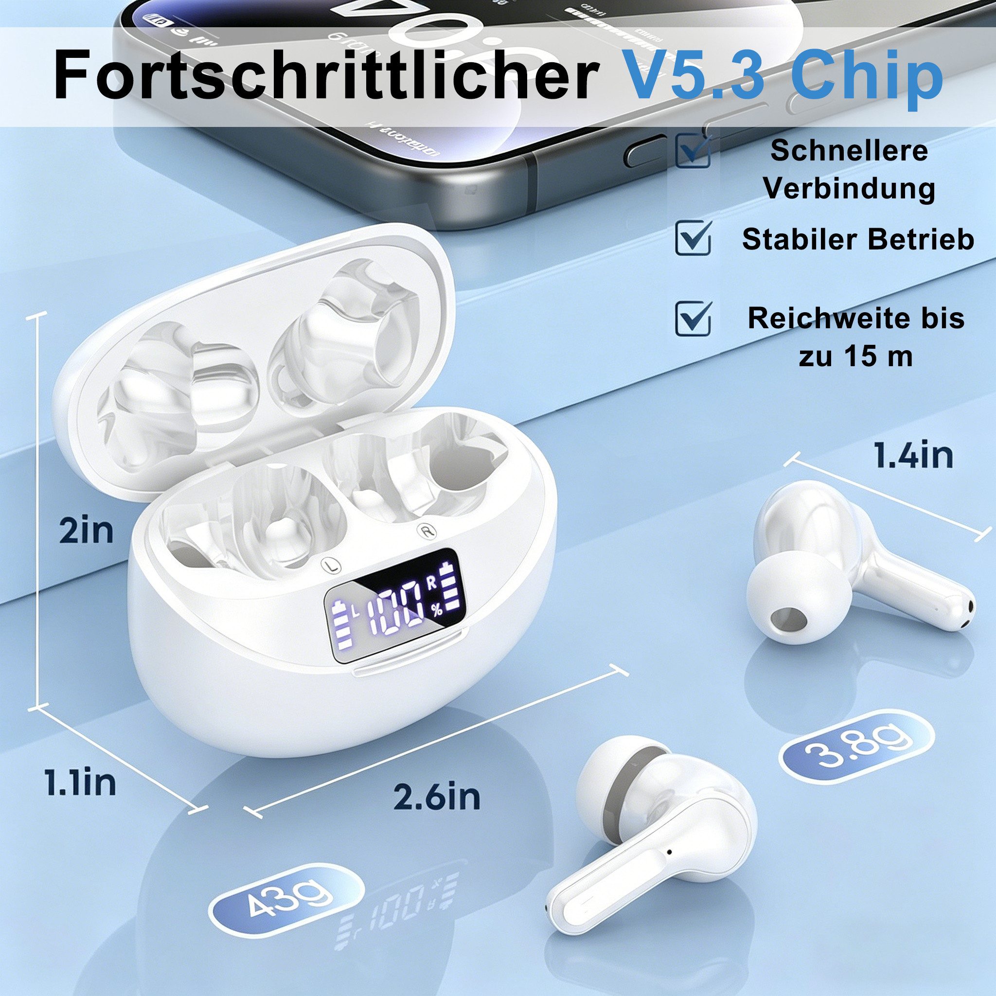 Forrlite In Ear Kopfhörer, 2026 Kopfhörer Kabellos Bluetooth 5.3 HiFi Stereo Bluetooth-Kopfhörer (Noise Cancelling 35 Std Spielzeit In Ear Kopfhörer mit 6 ENC Noise Cancelling Mics, IP7 Wasserdicht Ohrhörer, Kabellose Kopfhörer mit LED-Anzeige, HiFi Stereo)