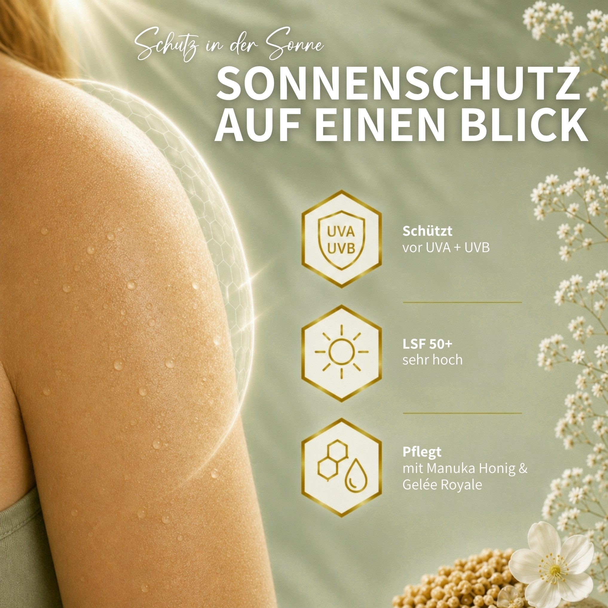 bedrop Sonnenschutzspray HIVE PROTECT LSF 50+ Sonnenspray mit Manuka Honig & Gelée Royale, hoher Sonnenschutz mit intensiver Pflegeformel für Gesicht und Körper