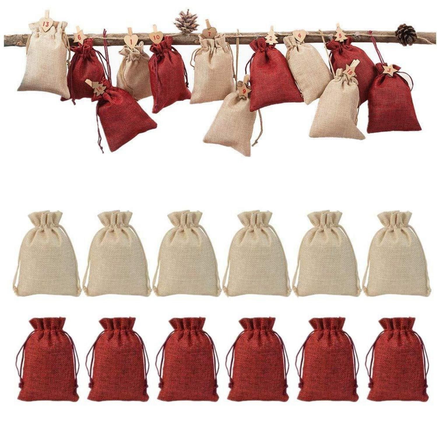 LuxusKollektion befüllbarer Adventskalender Jutesäckchen Adventskalender 24er Set Natur/Weinrot 10x14cm