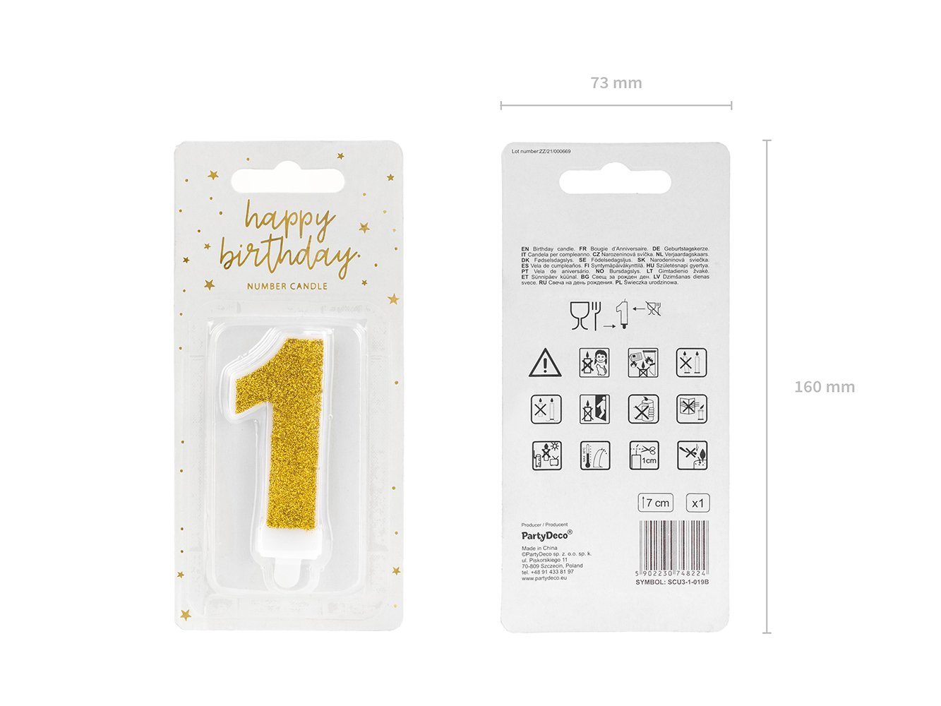 partydeco Formkerze, Geburtstagskerze Zahl 1 mit Glitzer 7cm gold