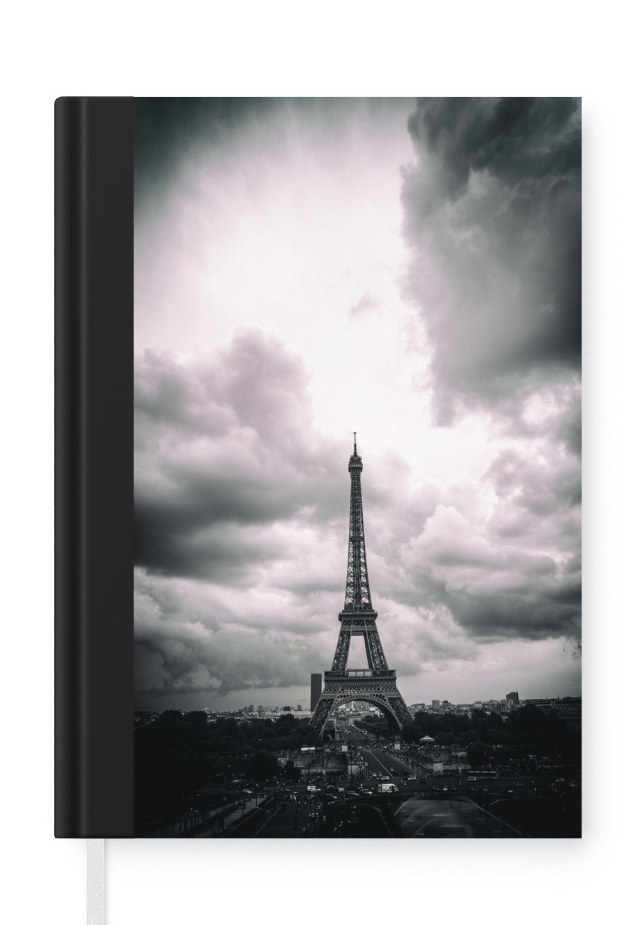 MuchoWow Notizbuch Eiffelturm unter tobenden Wolken, Journal, Merkzettel, Tagebuch, Notizheft, A5, 98 Seiten, Haushaltsbuch