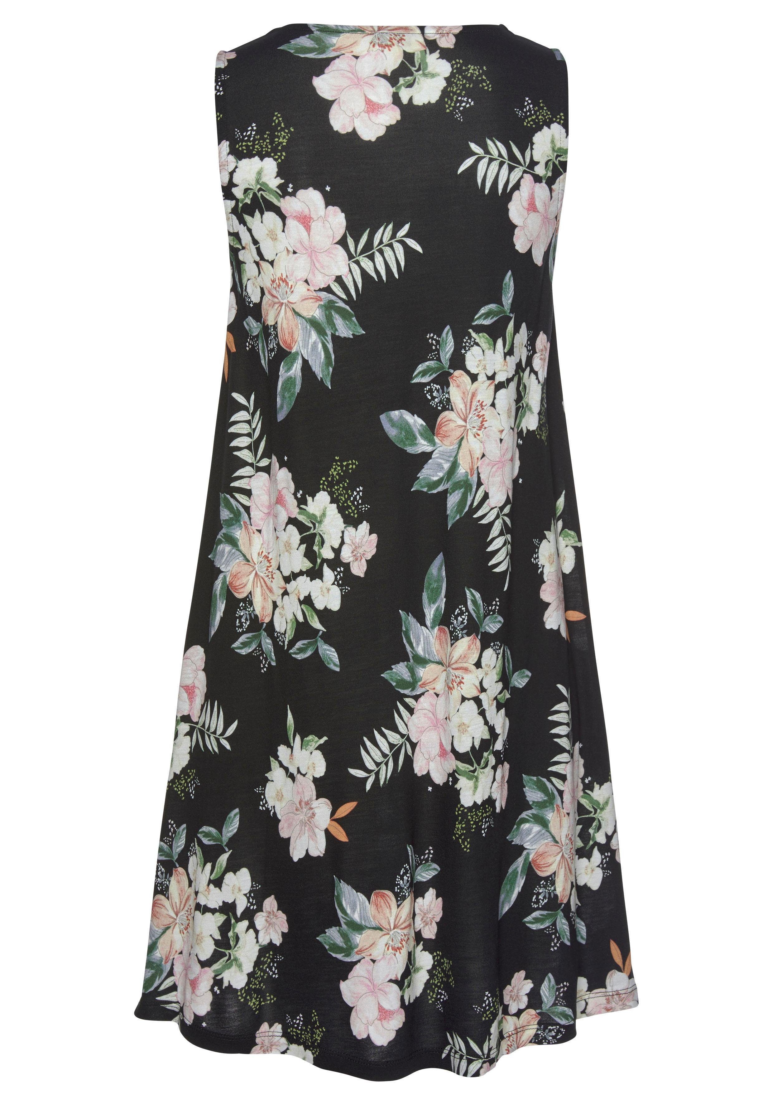 LASCANA Strandkleid mit Zierknöpfen am Ausschnitt und Blumendruck, Jerseykleid Hängerchenkleid, A-Linien-Kleid, kurzes Sommerkleid, Minikleid – Bild 4 von 5