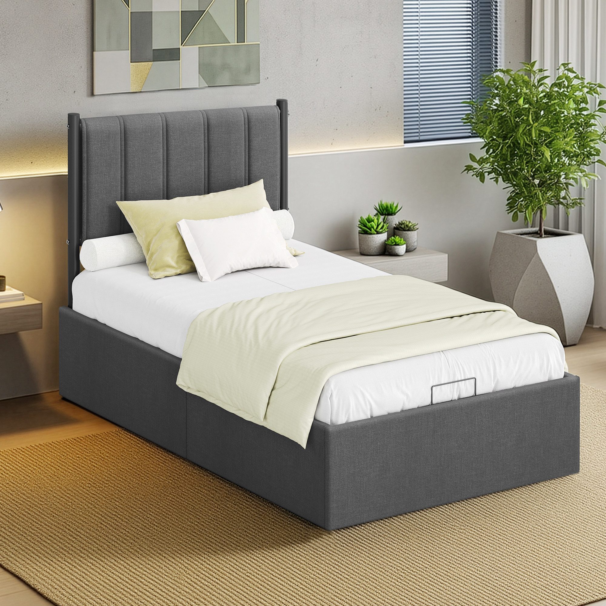 VASAGLE Polsterbett Bettgestell, Bettrahmen, Bett, modern, einfache Montage, Kopfteil, Polsterbett und Matratze Set, mit Stauraum 90x200 cm