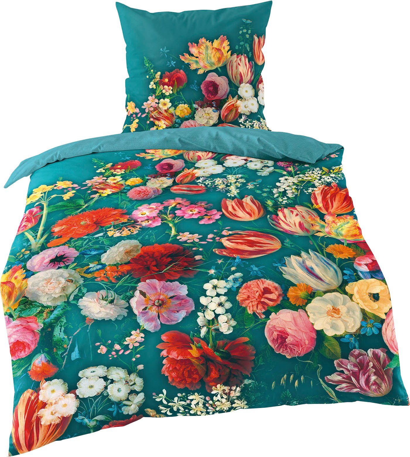 BIERBAUM Wendebettwäsche Petrol Flowers, Mako-Satin, 2 teilig, mit innovativem Digitalprint