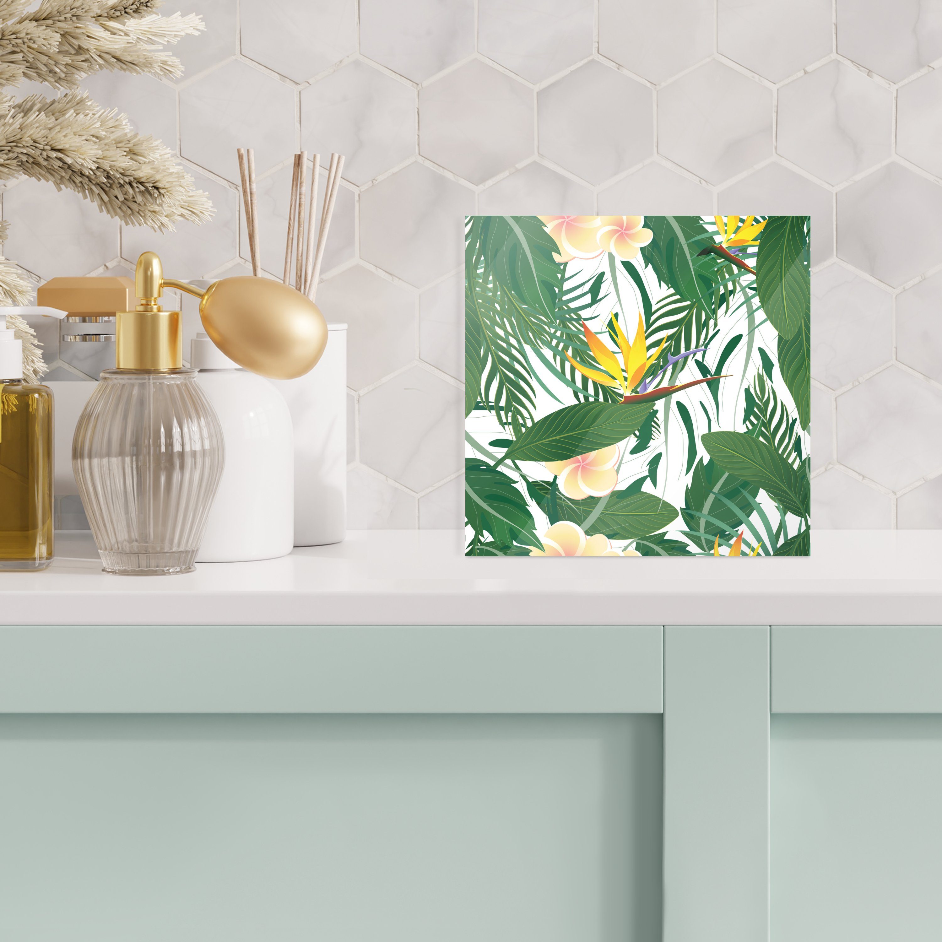 - Wandbild Blüten auf - Bilder auf (1 Glas Acrylglasbild Wanddekoration Foto MuchoWow St), - Glas - Paradiesvogelpflanze, - Glasbilder Blätter