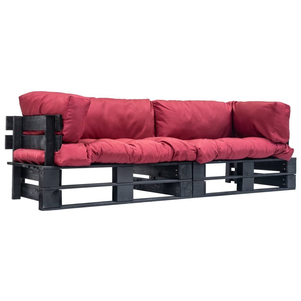 vidaXL Loungesofa 2-tlg. Outdoor-Sofa-Set Paletten in Kissen mit 2 Teile Kiefernholz, Schwarz Rot rot und