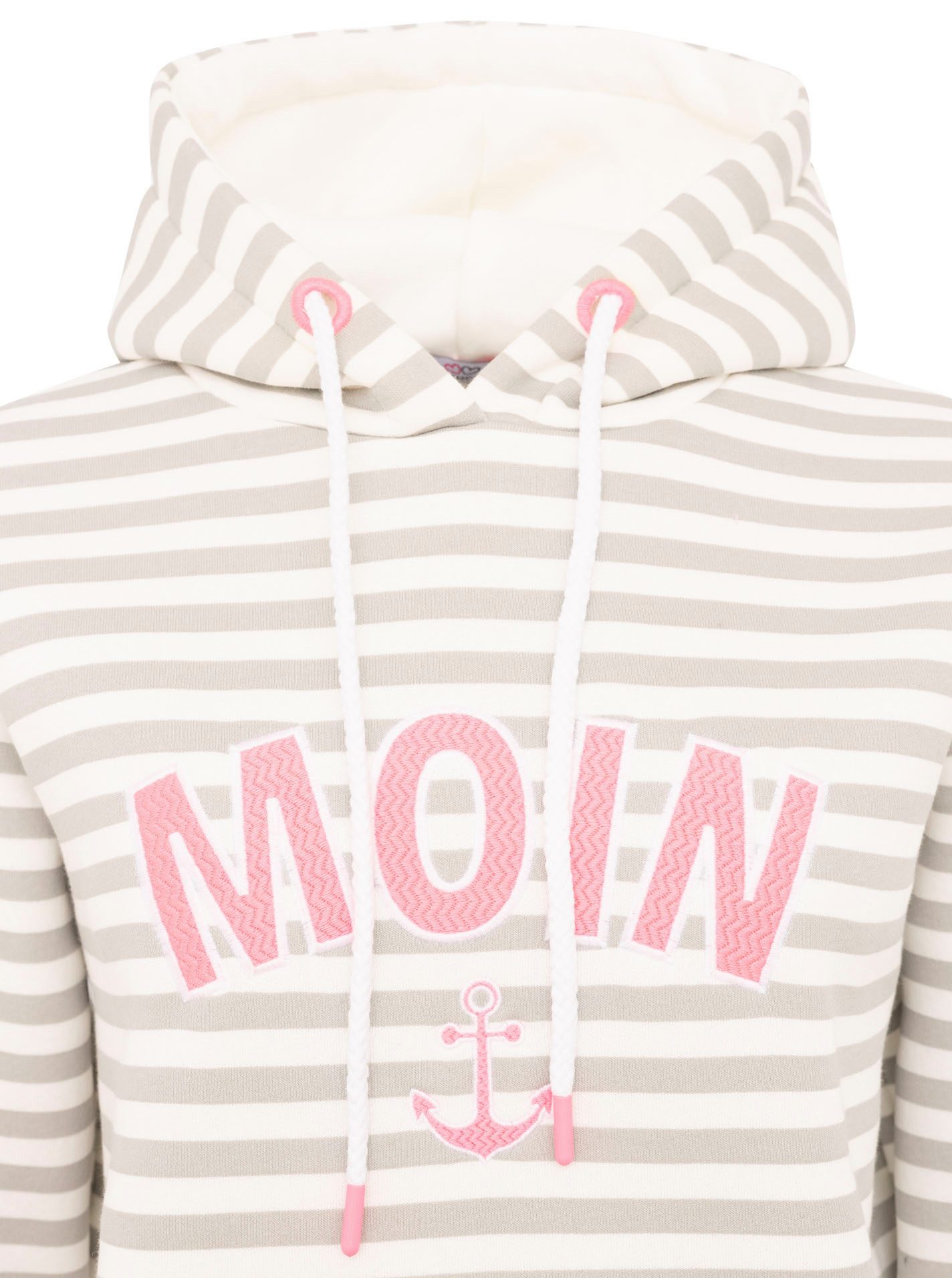 Zwillingsherz Kapuzensweatshirt "Streifen Moin" gestreift, große "MOIN"- und Anker -Stickerei, Tasche vorne – Bild 5 von 5