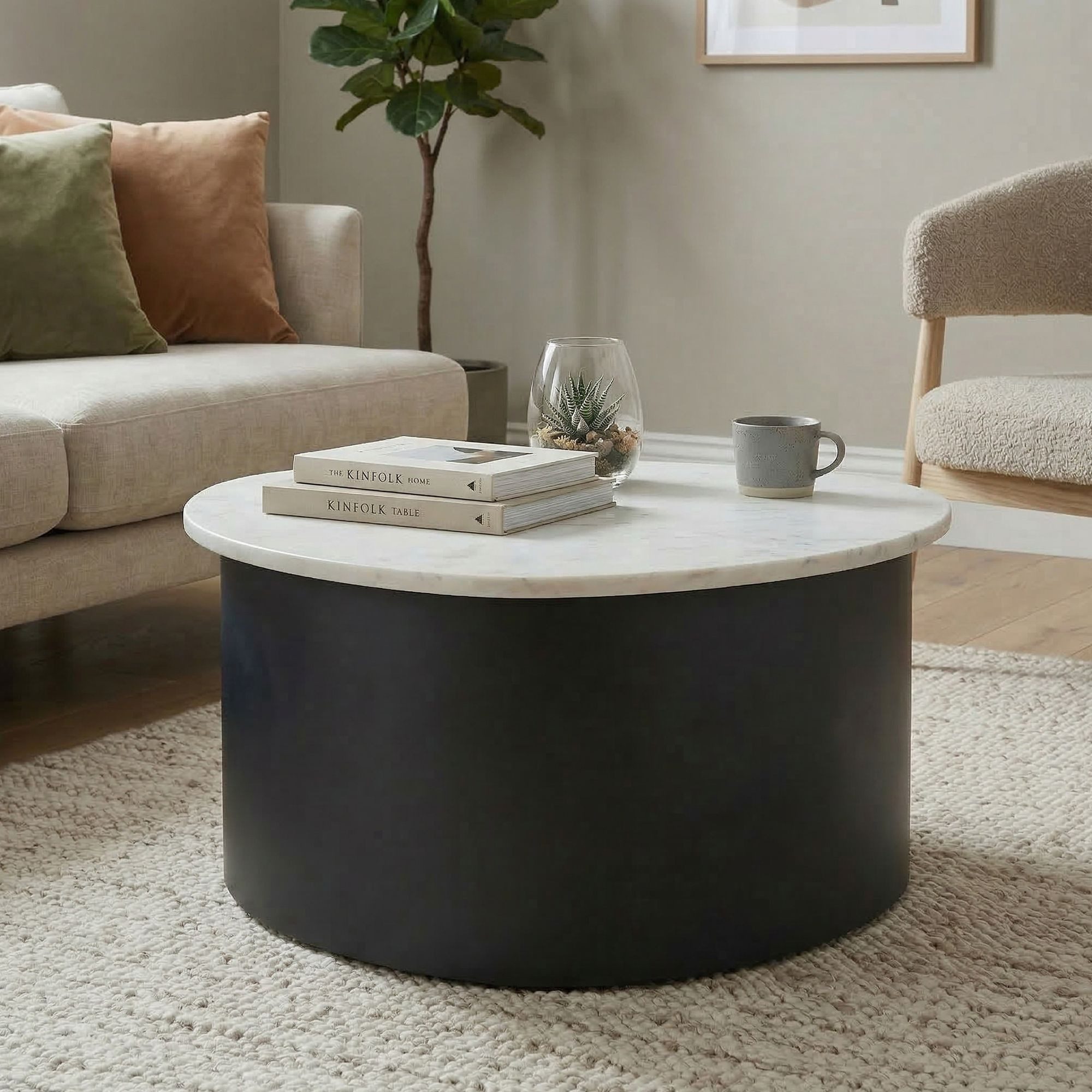 FINEBUY Couchtisch FB74478 Schwarz 63cm Marmor Sofatisch Beistelltisch Wohnzimmertisch (Minimalistisches Design für moderne Wohnräume), Marmortisch mit klarer und eleganter Form