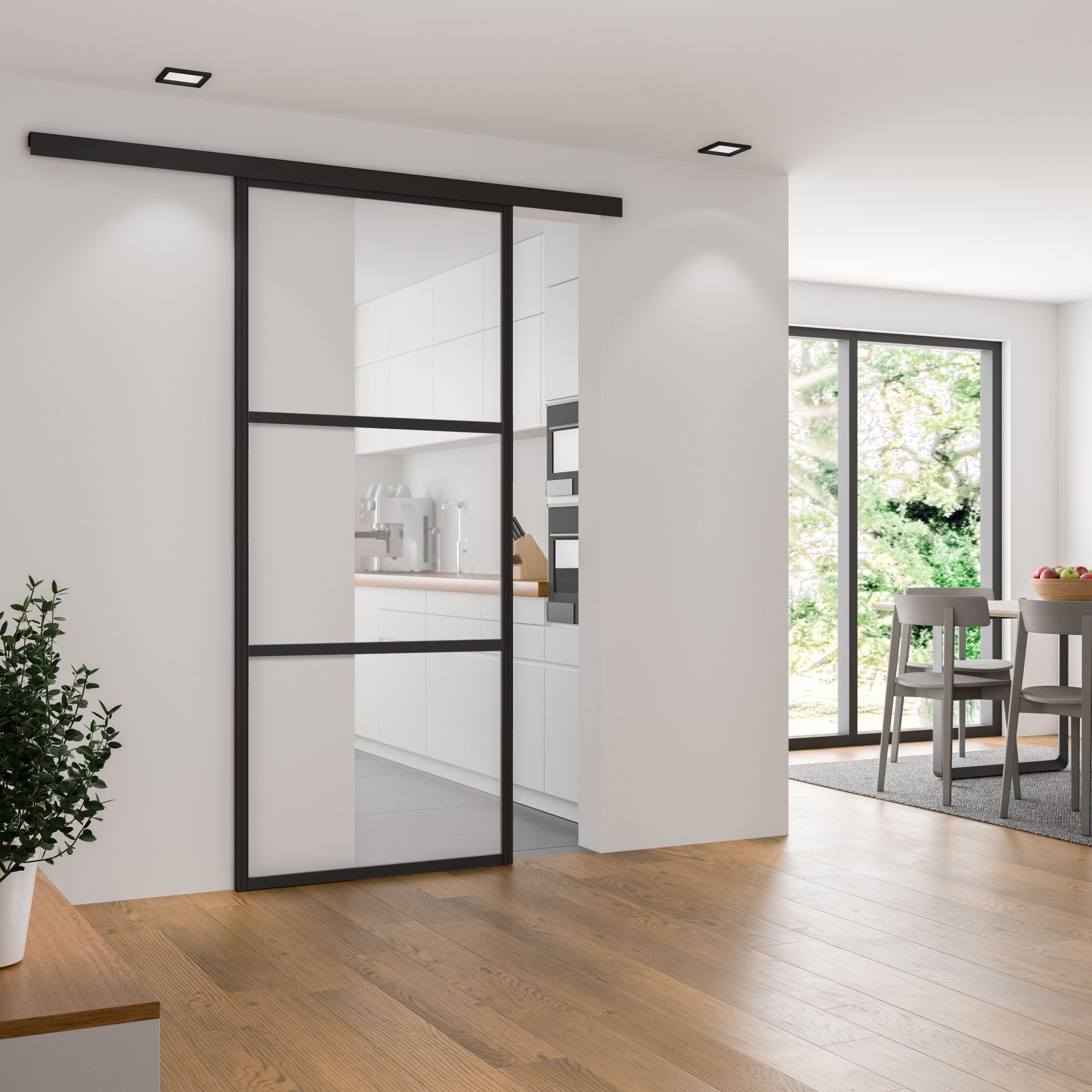 inova wohnen Glasschiebetür Klarglas mit schwarzem Rahmen und Dekorleisten, Größenauswahl (Komplett Set, inkl. Schienensystem und Griff), Softclose-Funktion wählbar