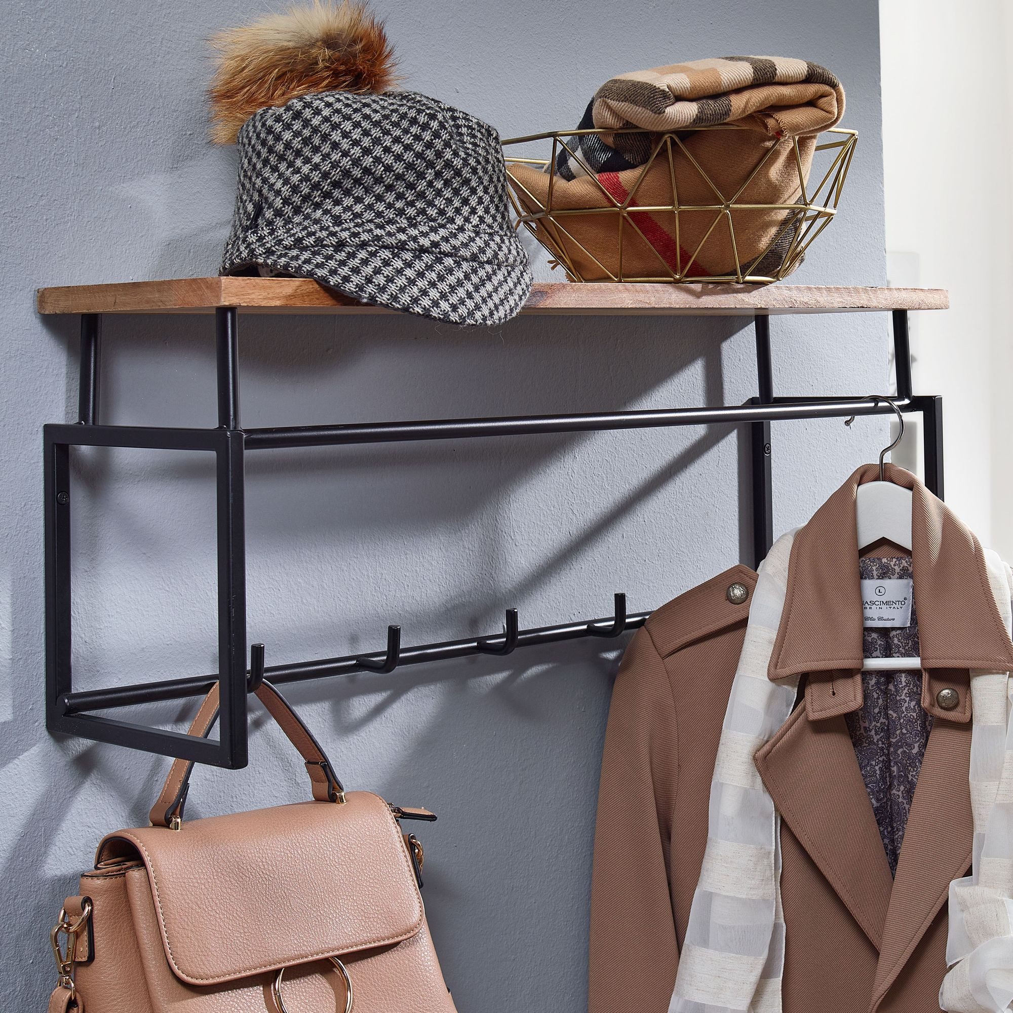 furnicato Garderobe Wandgarderobe Vollholz Metall 71x29x20 cm Braun-Schwarz (1 St), Handgefertigter Garderobenständer mit Ablage für dein Flur-Design