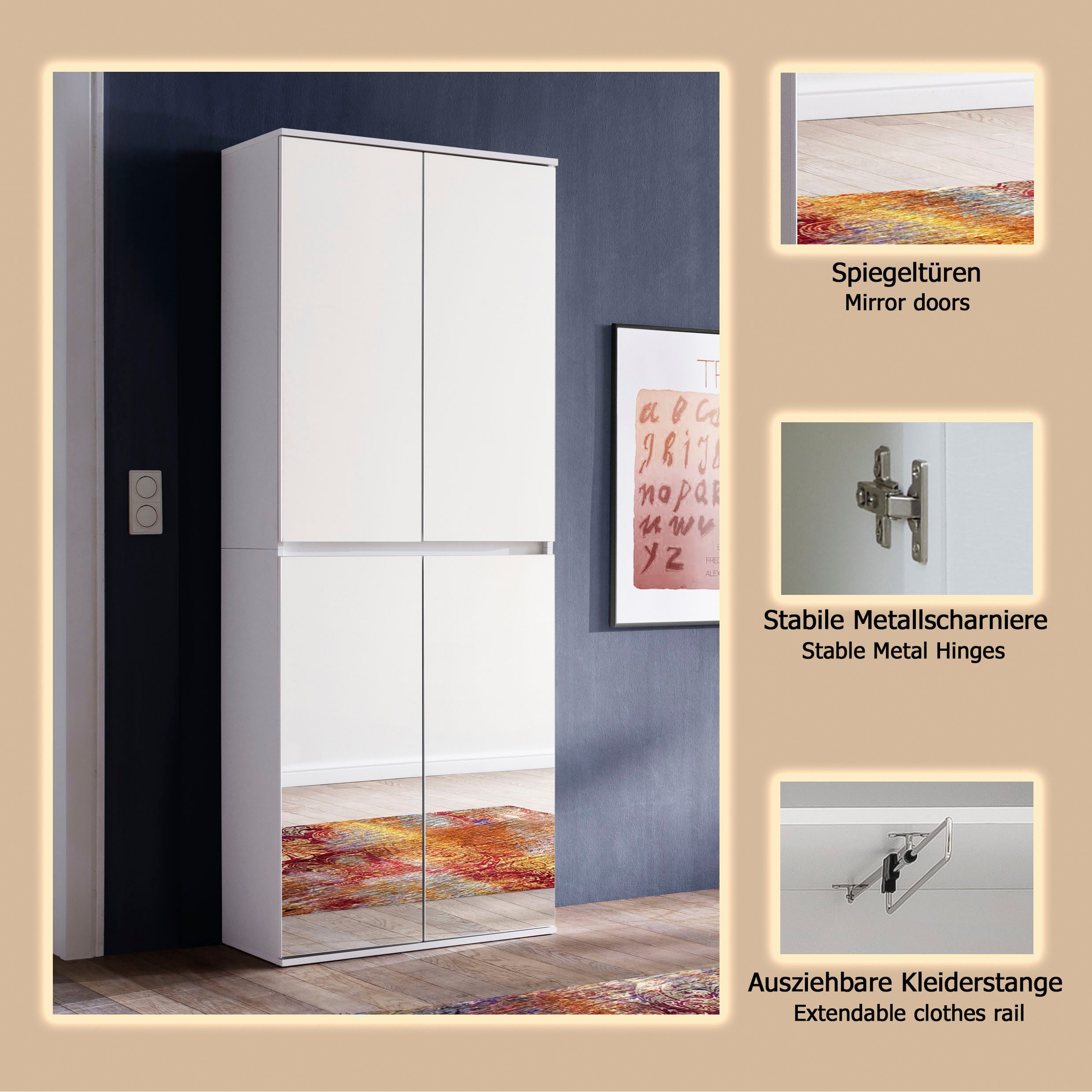 Home affaire Garderobenschrank Malcesine Garderobenschrank mit 4 Türen - (B/T/H) 74/34/191 cm