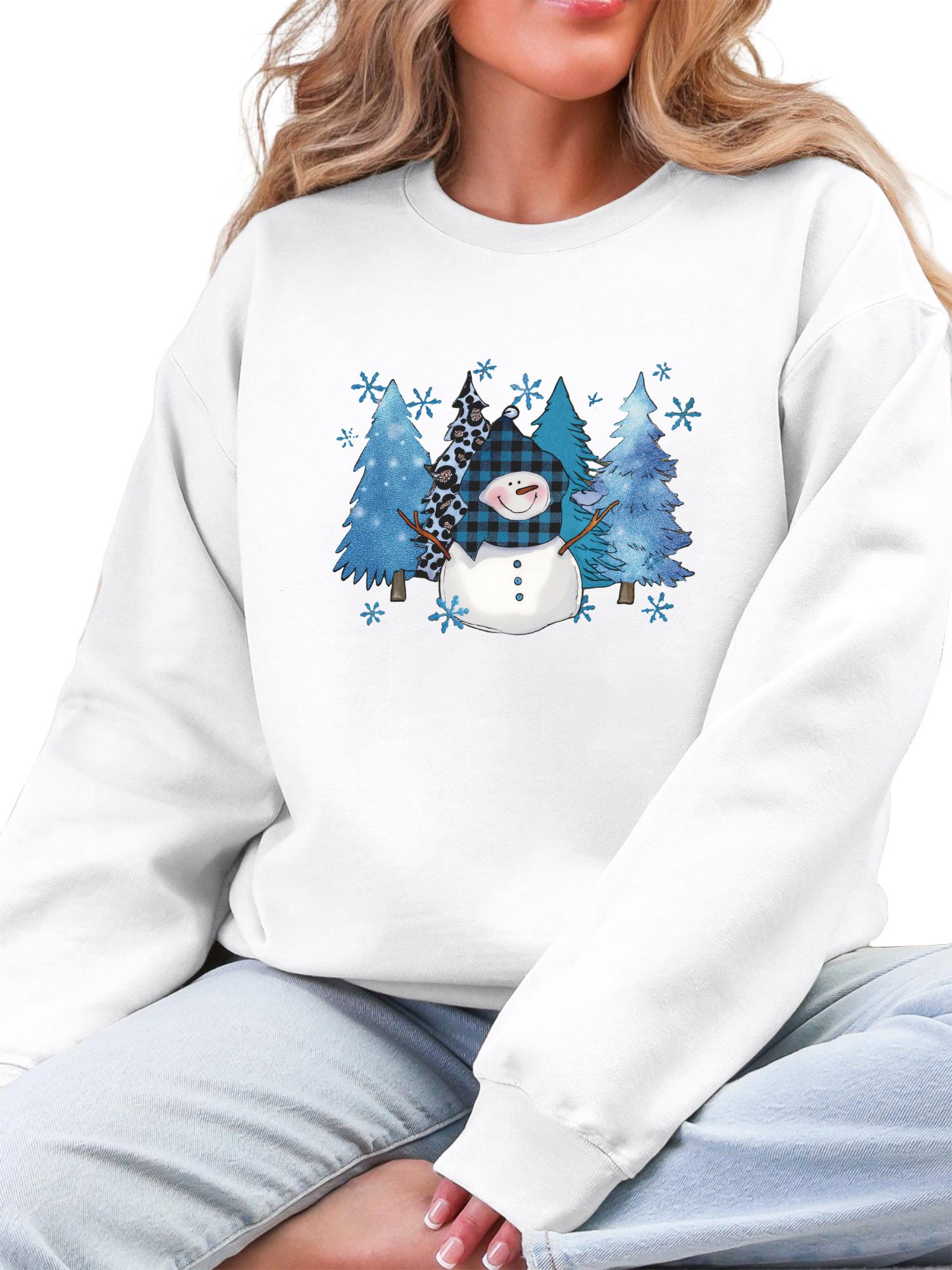 Rundhalspullover Damen Pullover mit Schneemann Print,Fleecepullove für Weihnachten