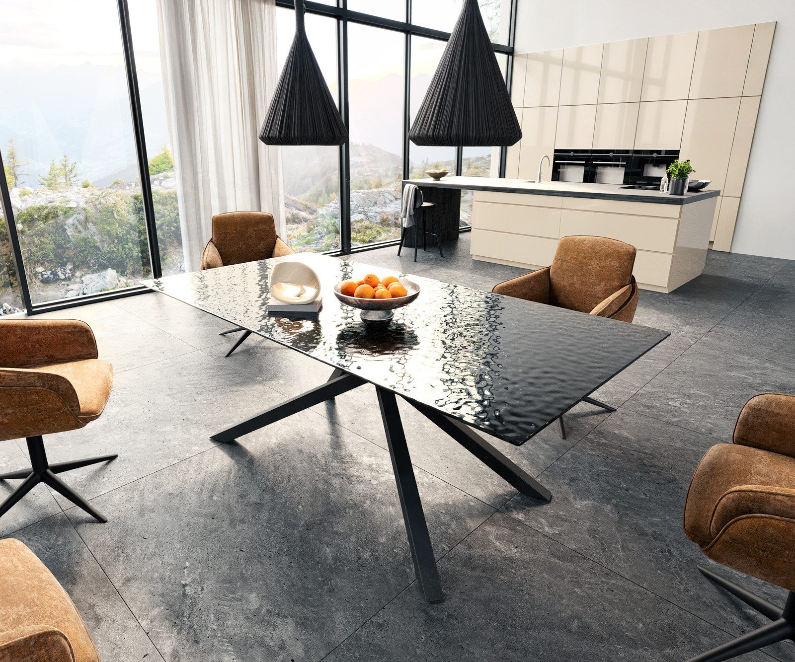 DELIFE Esstisch Edge, Reliefglas Rauchschwarz 3D-Design 200x100 Kreuzgestell Rechteck Schwar