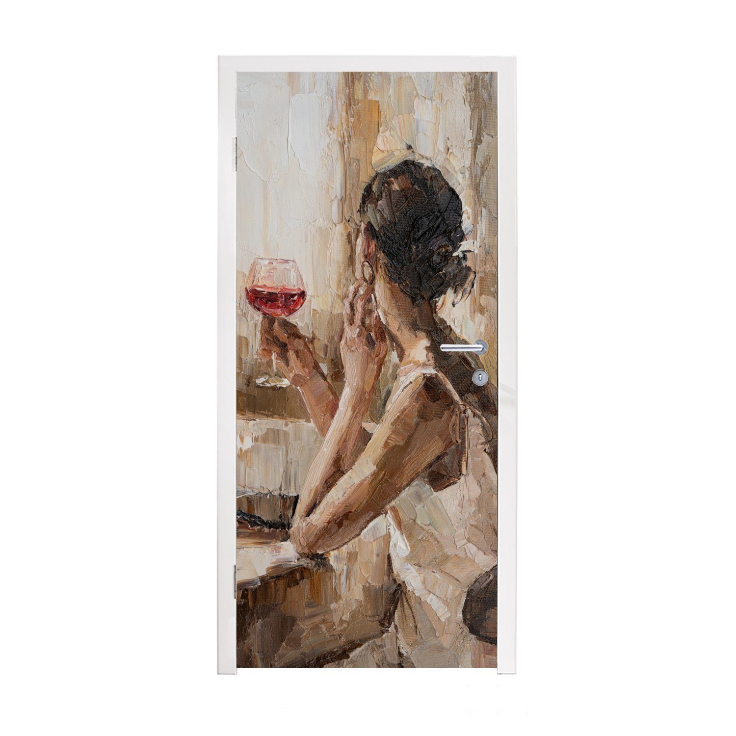 MuchoWow Türtapete Gemälde - Ölfarbe - Frau - Wein, Matt, bedruckt, (1 St), Selbstklebende Tapete, Folie für Möbel, 75x205 cm
