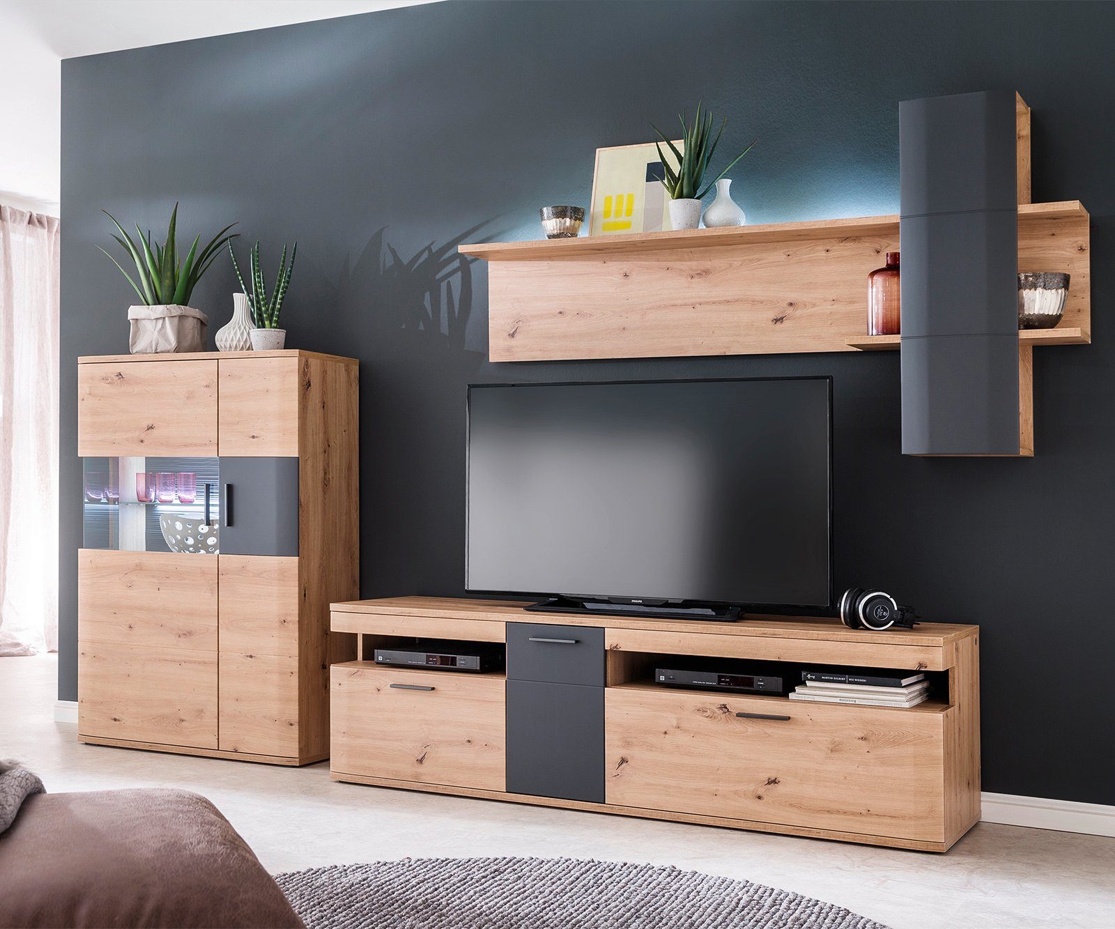 DELIFE Vitrine Farum Eiche Optik 90 x 130 cm Highboard 3 Türen