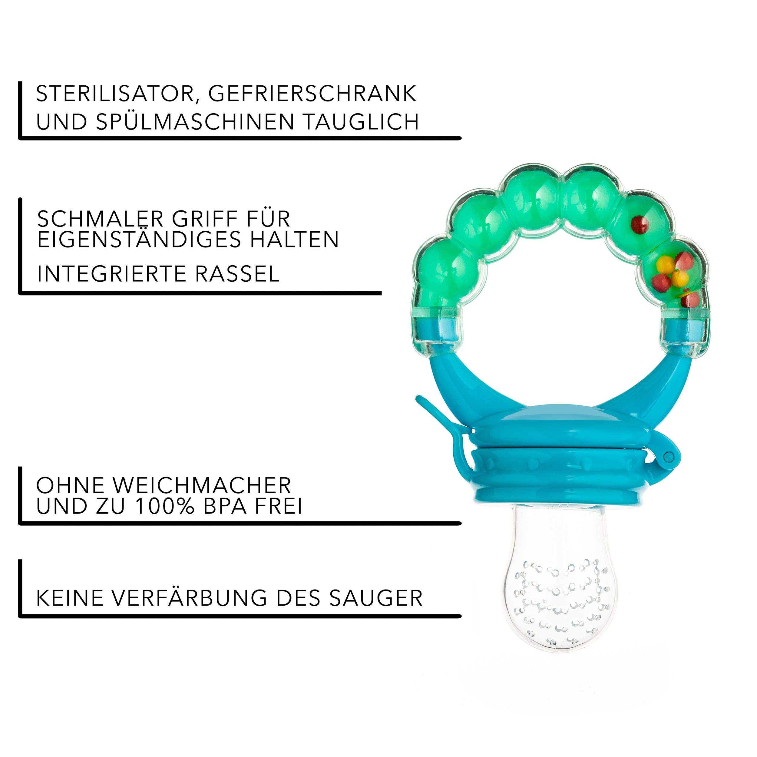 BabyHerz Schnuller Baby Fruchtsauger Schnuller für Obst und Gemüse - 2x Rasselschnuller, Zwei Fruchtsauger + Ersatz – spielerisch, sicher & BPA-frei genießen