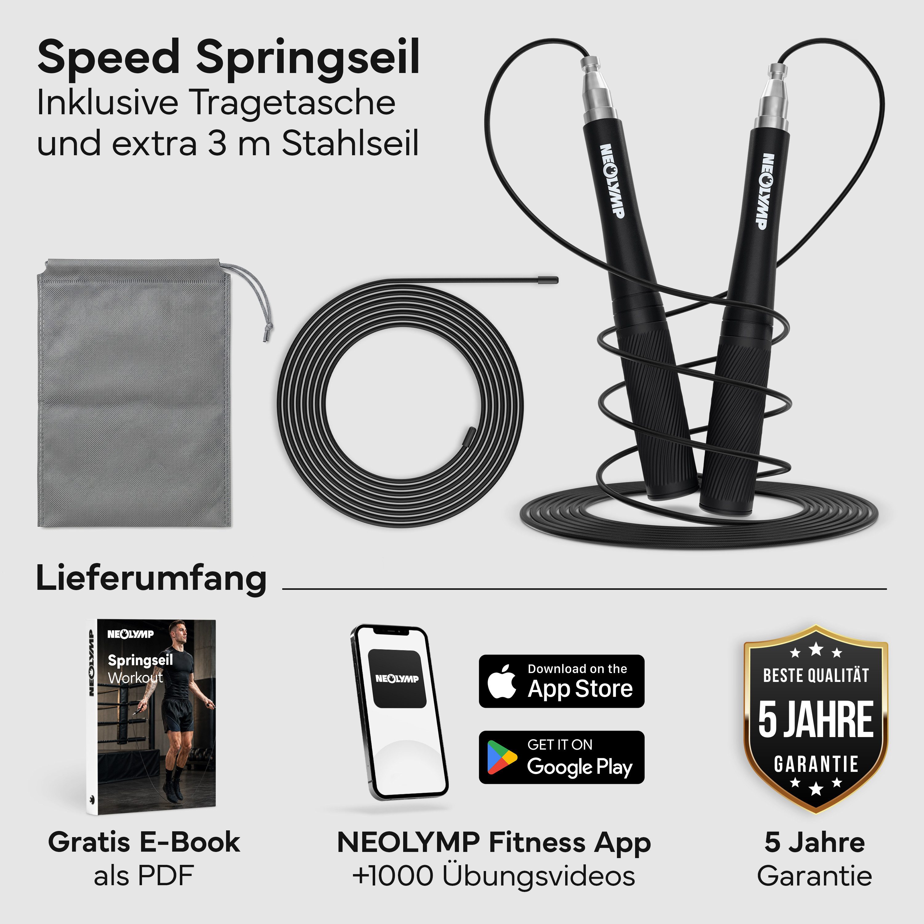 NEOLYMP Springseil Springseil für Erwachsene Speed Rope mit Alu-Griff & Kugellager, Werkzeuglose Schnellverstellung, Kugellager & ultraleichte Alu-Griffe
