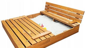 QLS Sandkasten 120cm mit Bank, aus Holz Imprägniert Abdeckung Unkrautvlies Sandbox 122 x 118 cm