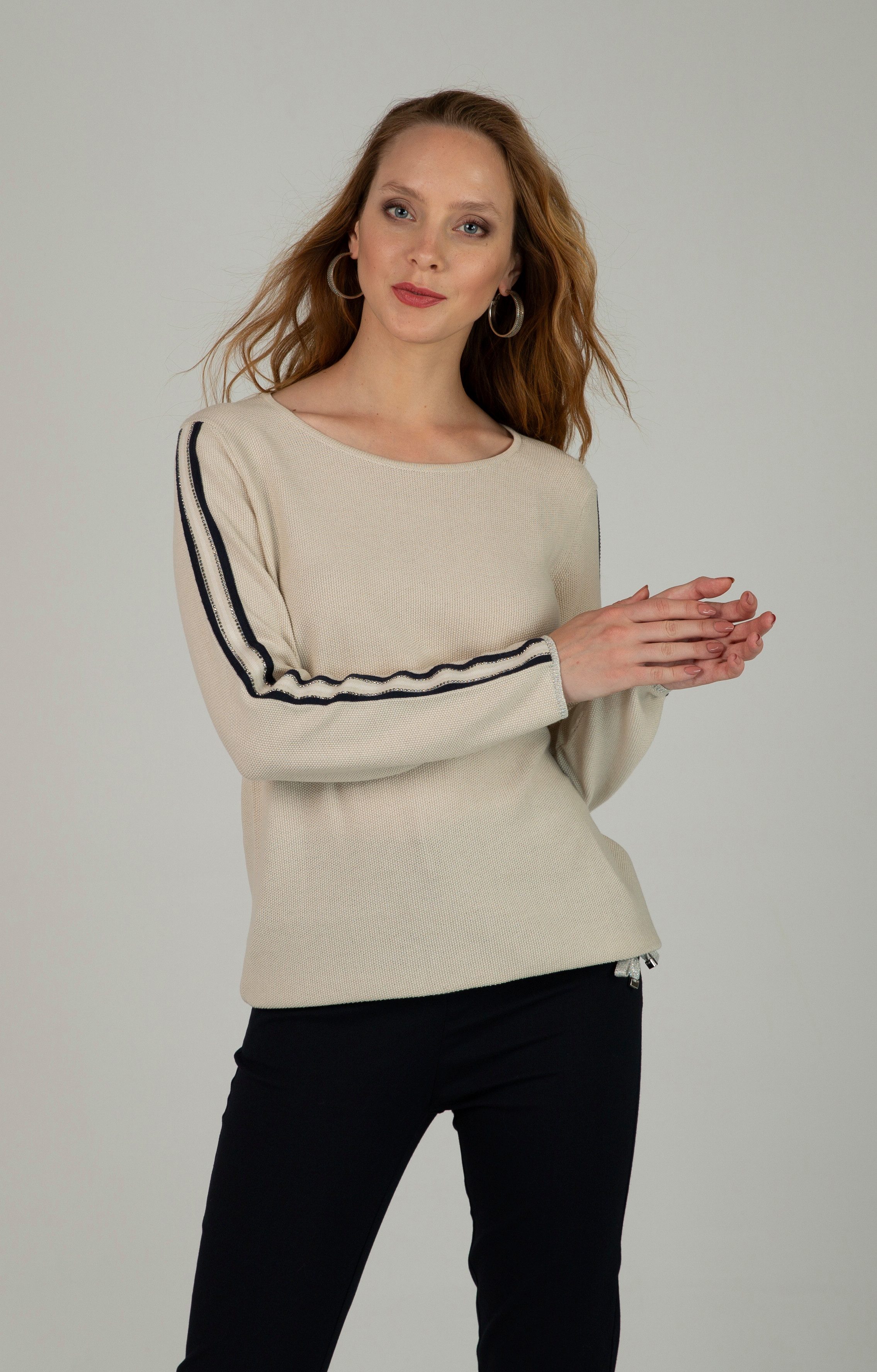 Passioni Rundhalspullover lässiger Pullover mit Glitzerdetails Streifen entlang der Ärmel