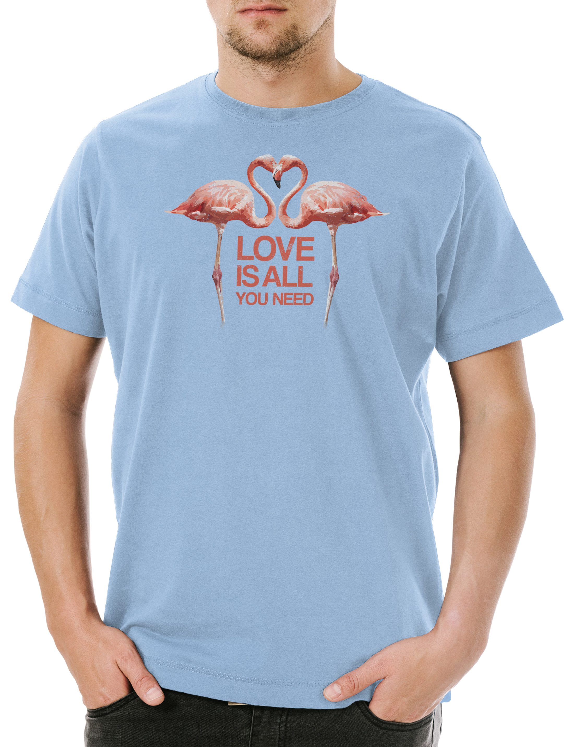 Print-Shirt Love Is All You Need Flamingos Herren T-Shirt Flamingo Herz Love Liebe