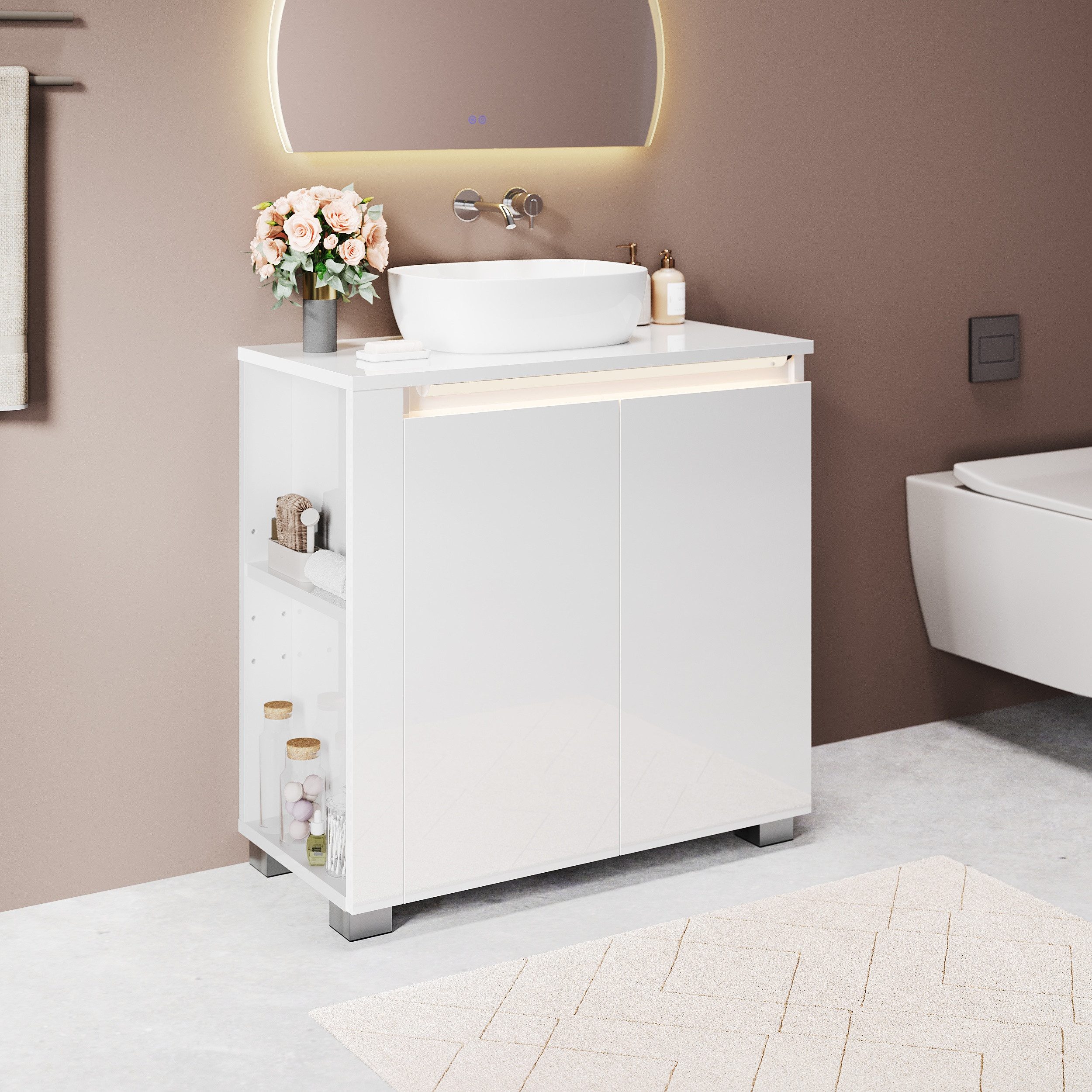 SONNI Waschbeckenunterschrank Waschbeckenunterschrank Breite 60 cm mit Sensorleuchte UV-Hochglanz, Sensorleuchte, grifflos, hängend/stehend, Badmöbel