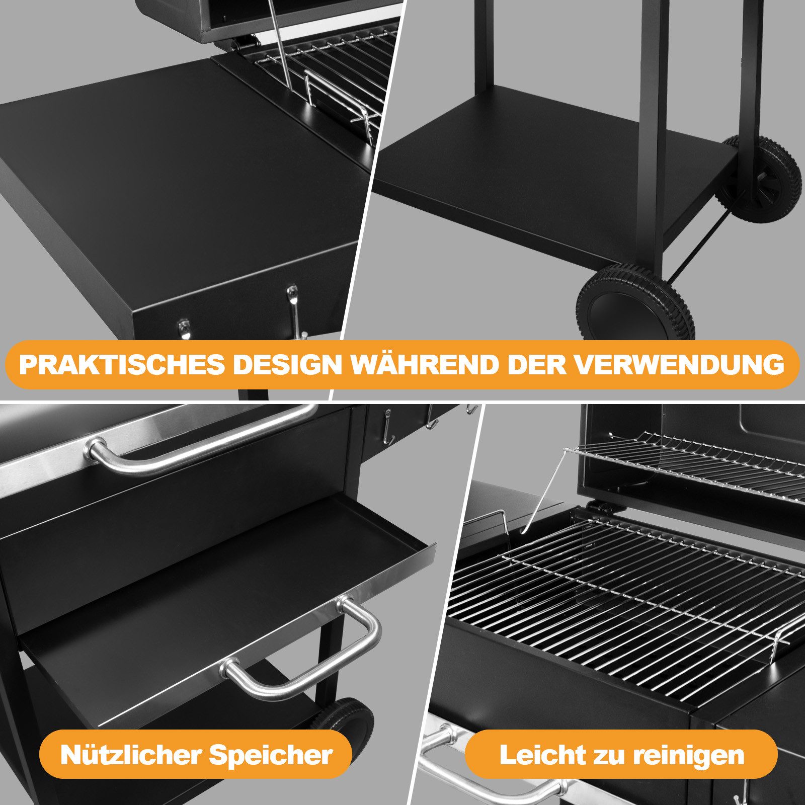 SunJas Holzkohlegrill XXL Grillwagen mit Deckel,Thermometer und Seitentisch, XXL Gartengrill BBQ Grill Standgrill Großer Holzkohlegrill, Grillfläche: 50x42cm fü – Bild 4 von 5