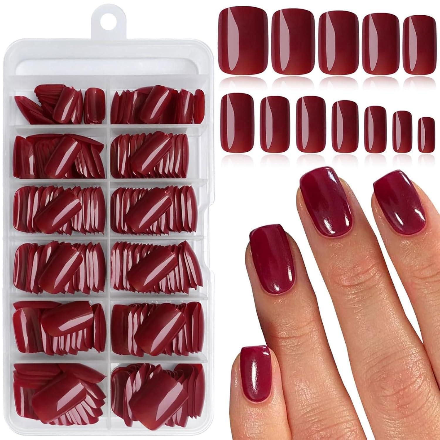 LuxusKollektion Kunstfingernägel Nagelspitze 240 Stück burgunderrote kurze quadratische Press-on Set