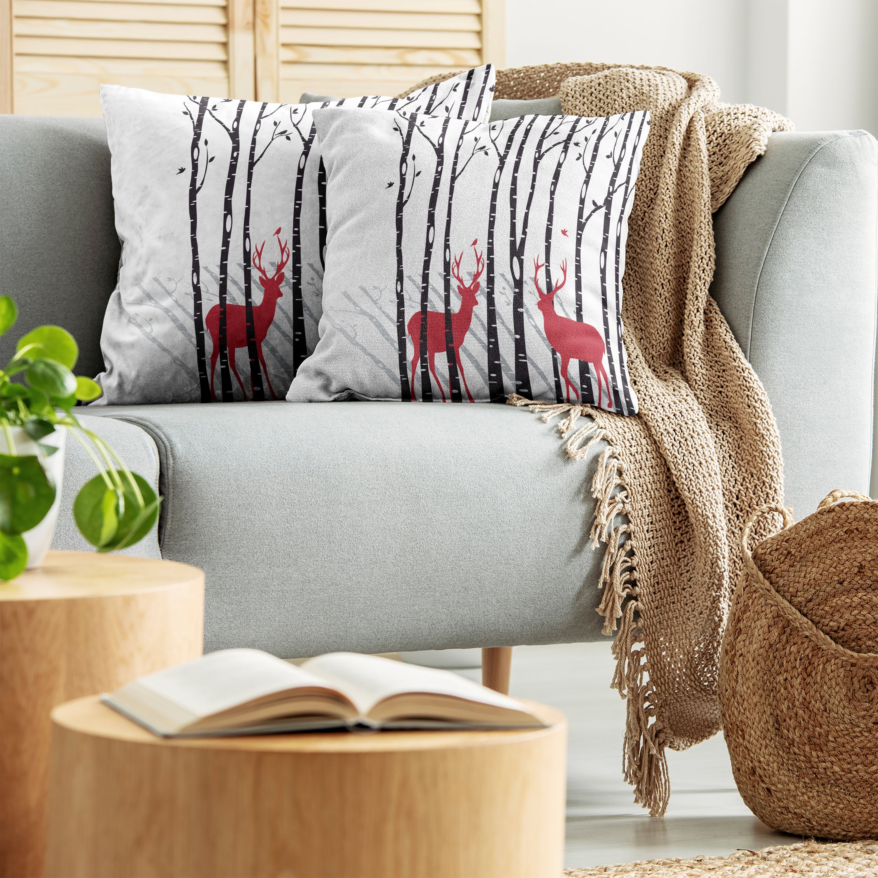 Abakuhaus Kissenbezüge Modern Accent Doppelseitiger Digitaldruck, (2 Stück), Hirsch Deer Baum Waldvogel