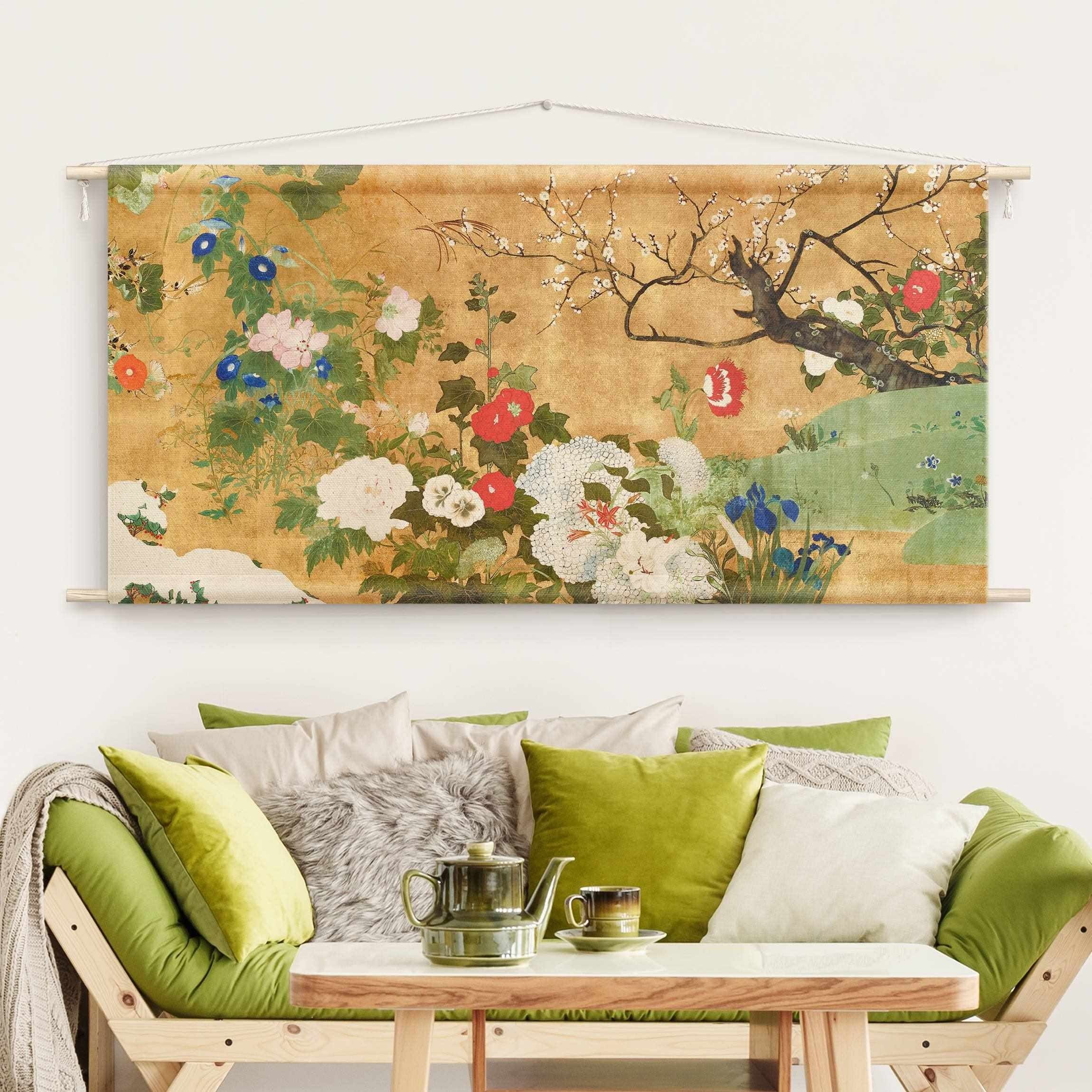 Bilderdepot24 Wandteppich modern Blumen Orientalisch Vintage bunt, rechteckig, Höhe: 2.6 mm, großes Wandbild aus Natur-Baumwolle Wandbehang Stoffbild Tuch Wollseil