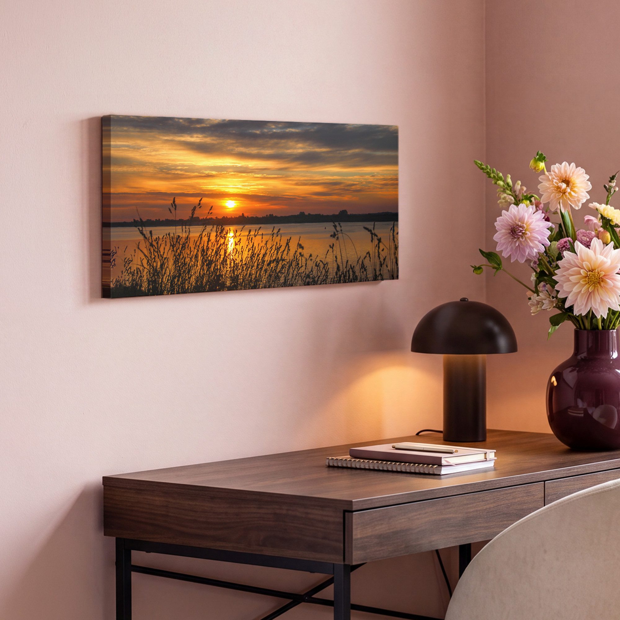 OneMillionCanvasses® Leinwandbild Panorama Sonnenuntergang - Meer - Horizont - Himmel - Pflanzen, Fotodruck (1 St), Wandbild, Deko Schlafzimmer Wohnzimmer Flur  – Bild 4 von 5
