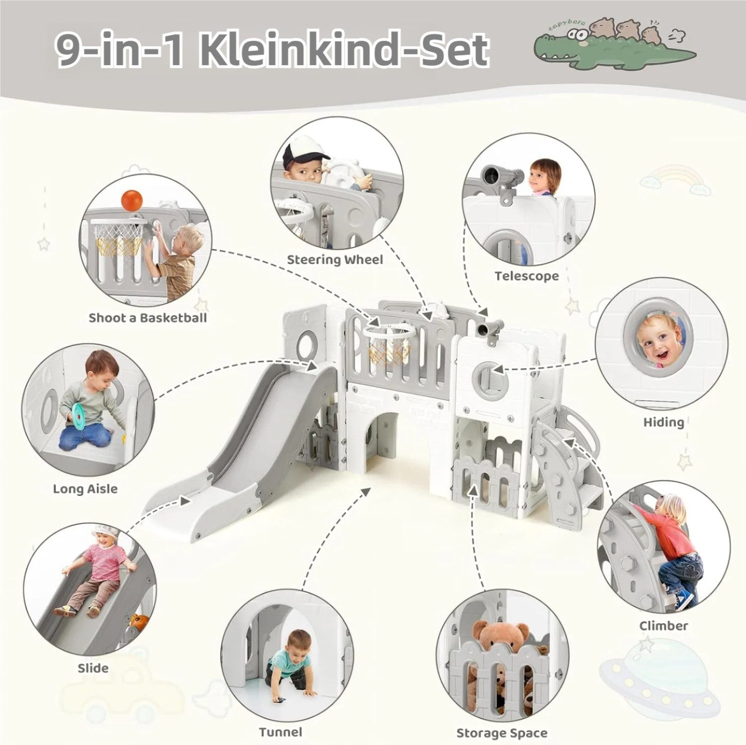 TLGREEN Rutsche,9-in-1 Indoor & Outdoor Spielset für Kleinkinder, (179cm Rutsche mit Kletterwand, Basketballkorb, Kinder Spielplatz, mit 2PCS Moduls), Tunnel & Montessori Spielzeug, Sicher, Stabil bis 60kg