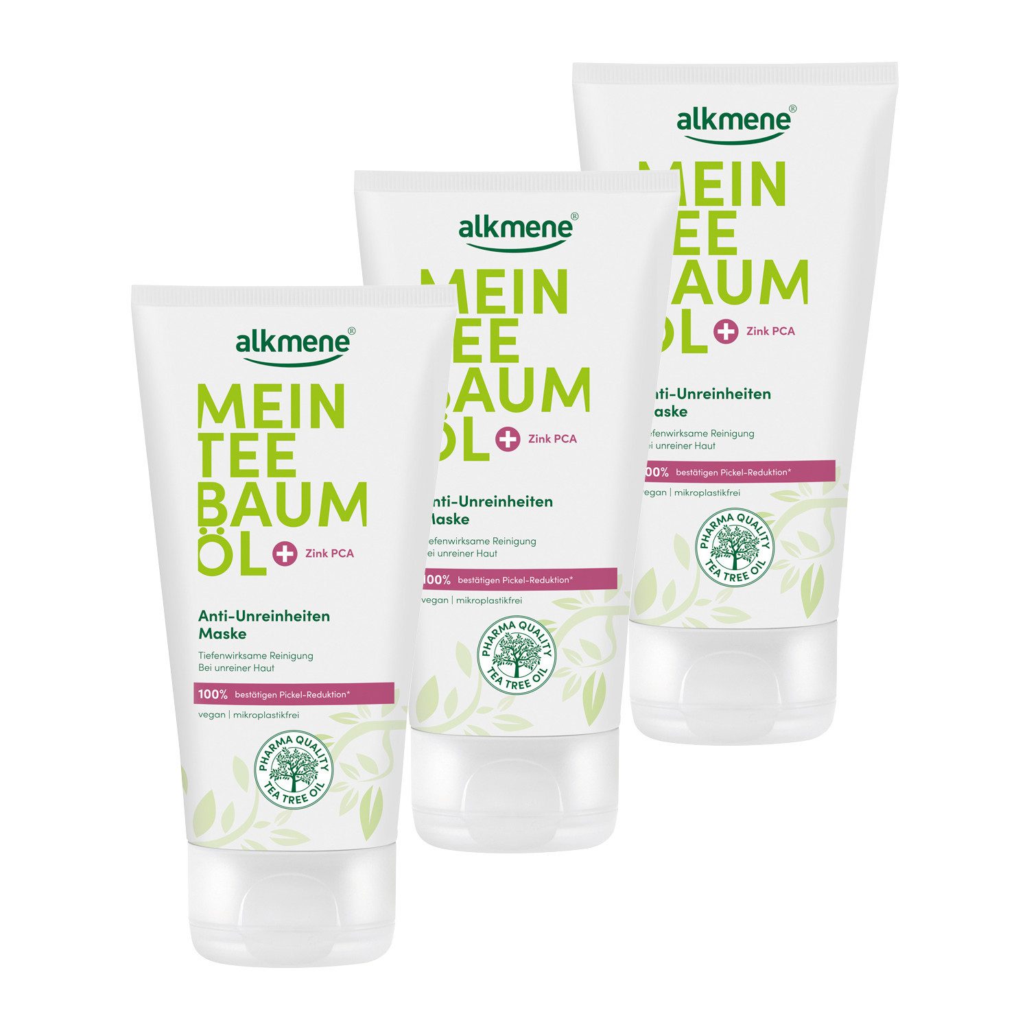 alkmene Gesichtsmaske 225 ml Teebaumöl Maske gegen Pickel, Mitesser & Unreinheiten - vegan, 3-tlg.