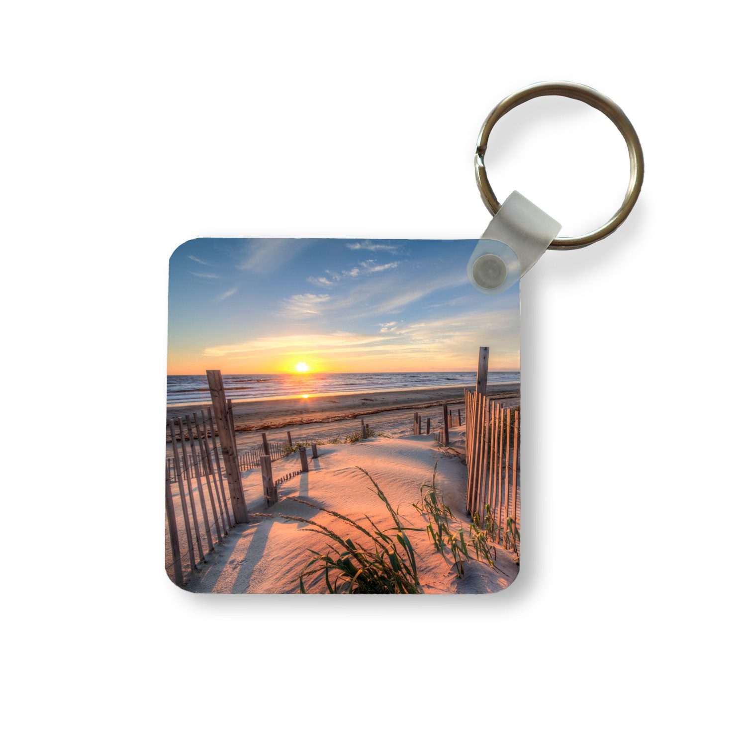 MuchoWow Schlüsselanhänger Strand - Meer - Düne - Sonnenuntergang - Landschaft, Quadratisch, Accessoire Auto / Haus / Rucksack / Handtasche, 5x5 cm