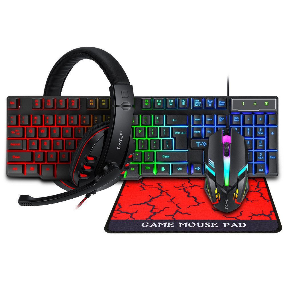 POPOLIC 4-in-1 Gaming-Tastatur und Maus-Set, mit Headset und Mauspad Gaming-Tastatur (4 Stück Tastatur)