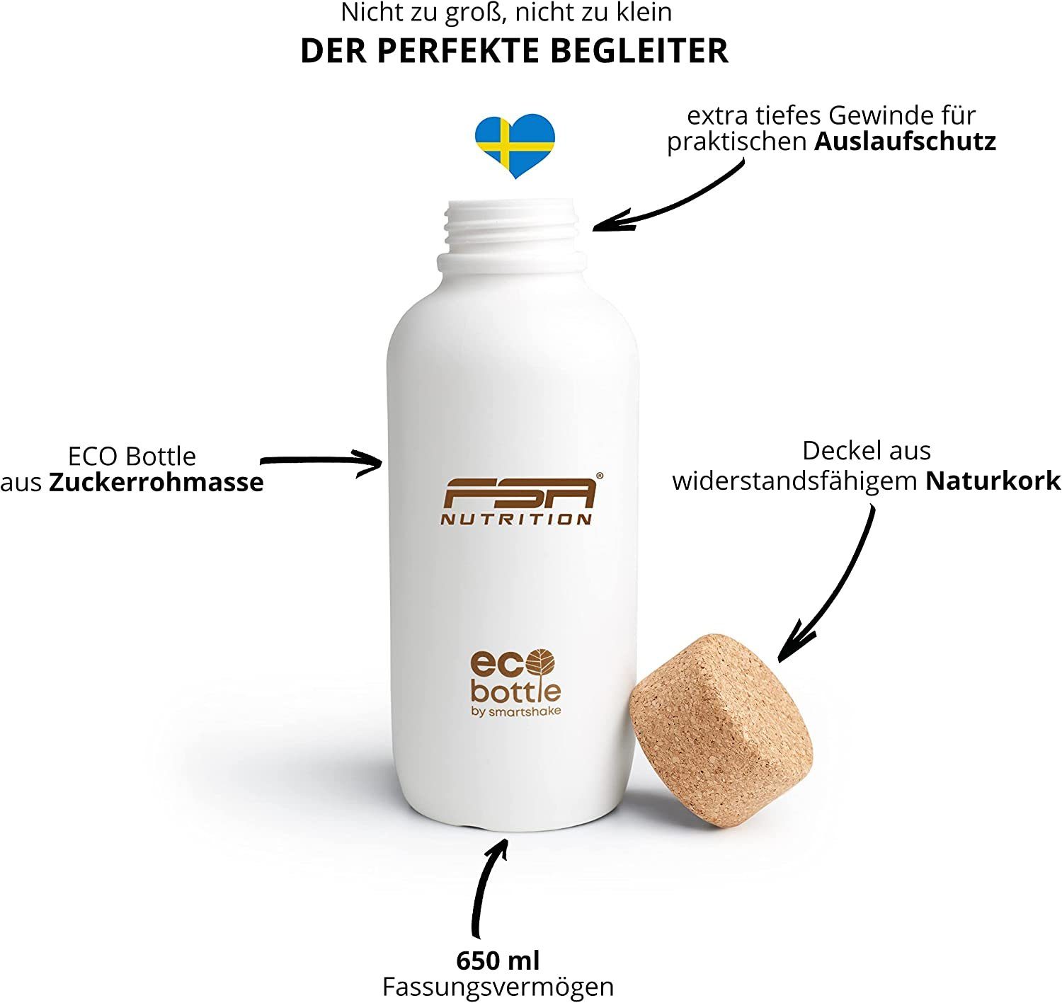 & mit in ECO Bottle ml Öko-Materialien erneuerbarer Energien (Zuckerrohr Nutrition Schweden Naturkork), weiß Hergestellt aus Trinkflasche 650 FSA