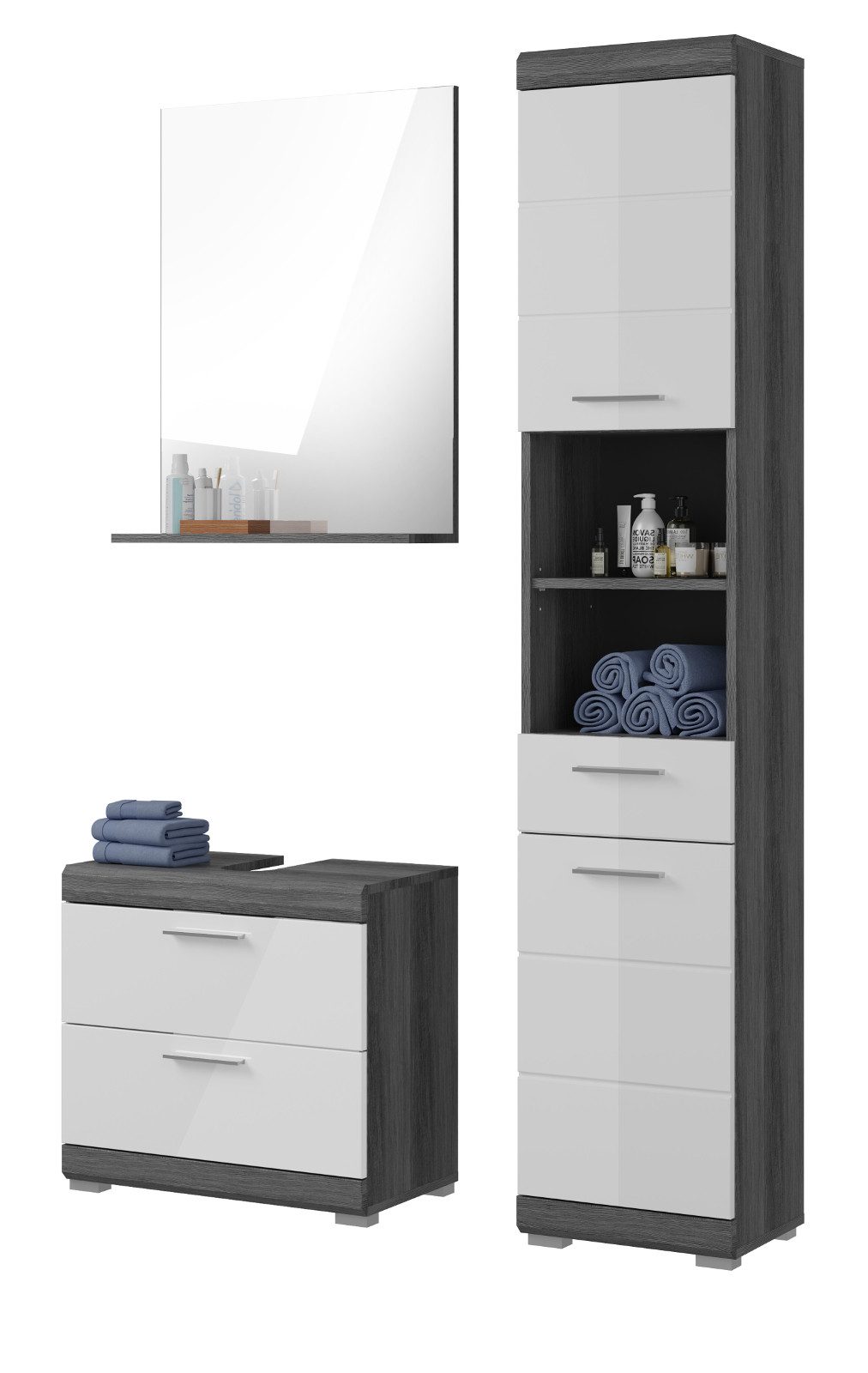 Inn.Furn Badezimmer-Set Shawn, (Badmöbel in weiß Hochglanz und grau, 3-St., 112 x 191 cm), Türanschlag wechselbar