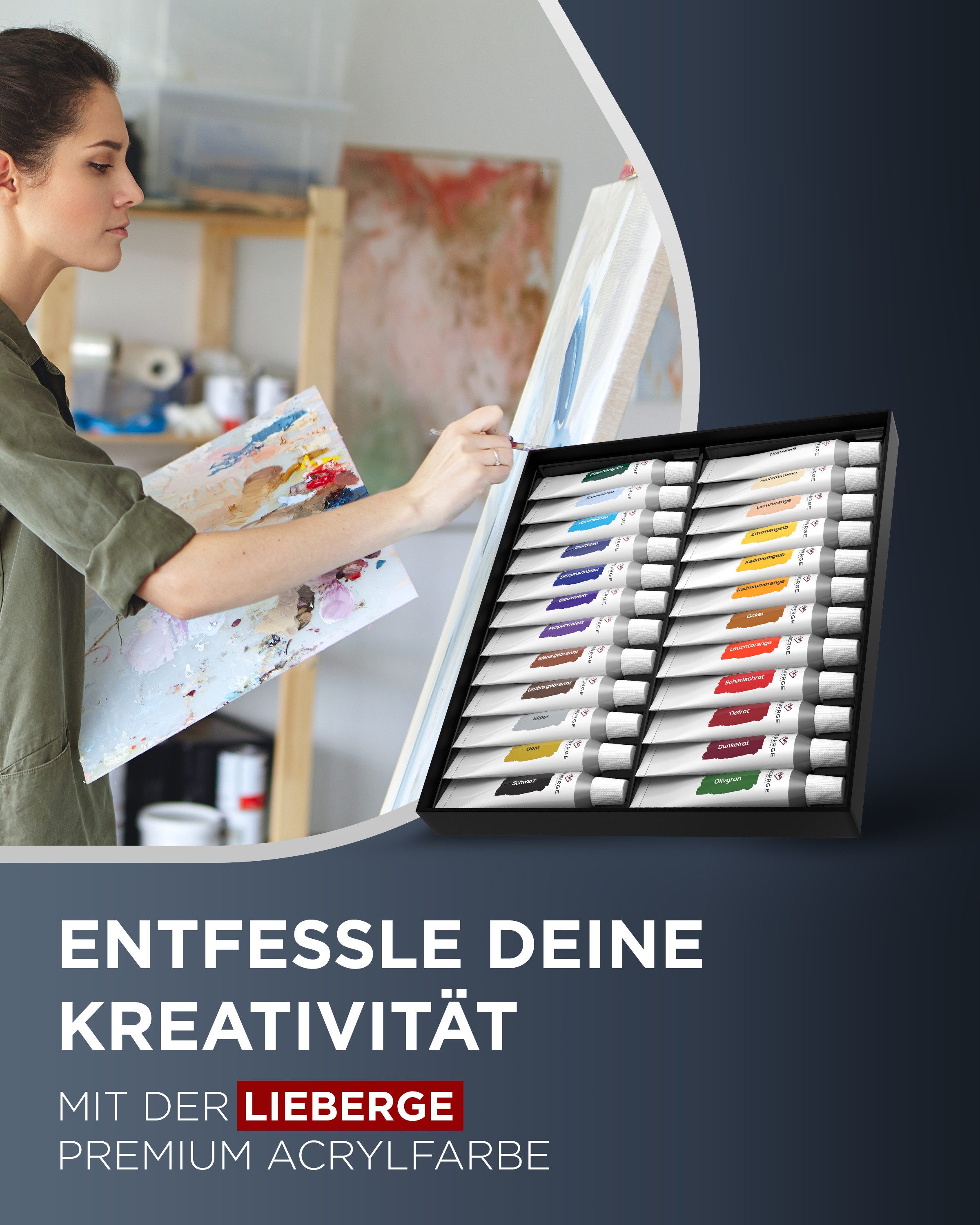 LIEBERGE Acrylfarbe Premium Set – 24 intensive Farben à 12ml mit hoher Deckkraft, hohe Farbbrillianz, lichtbeständig, wasserbasiert, schnelltrocknend