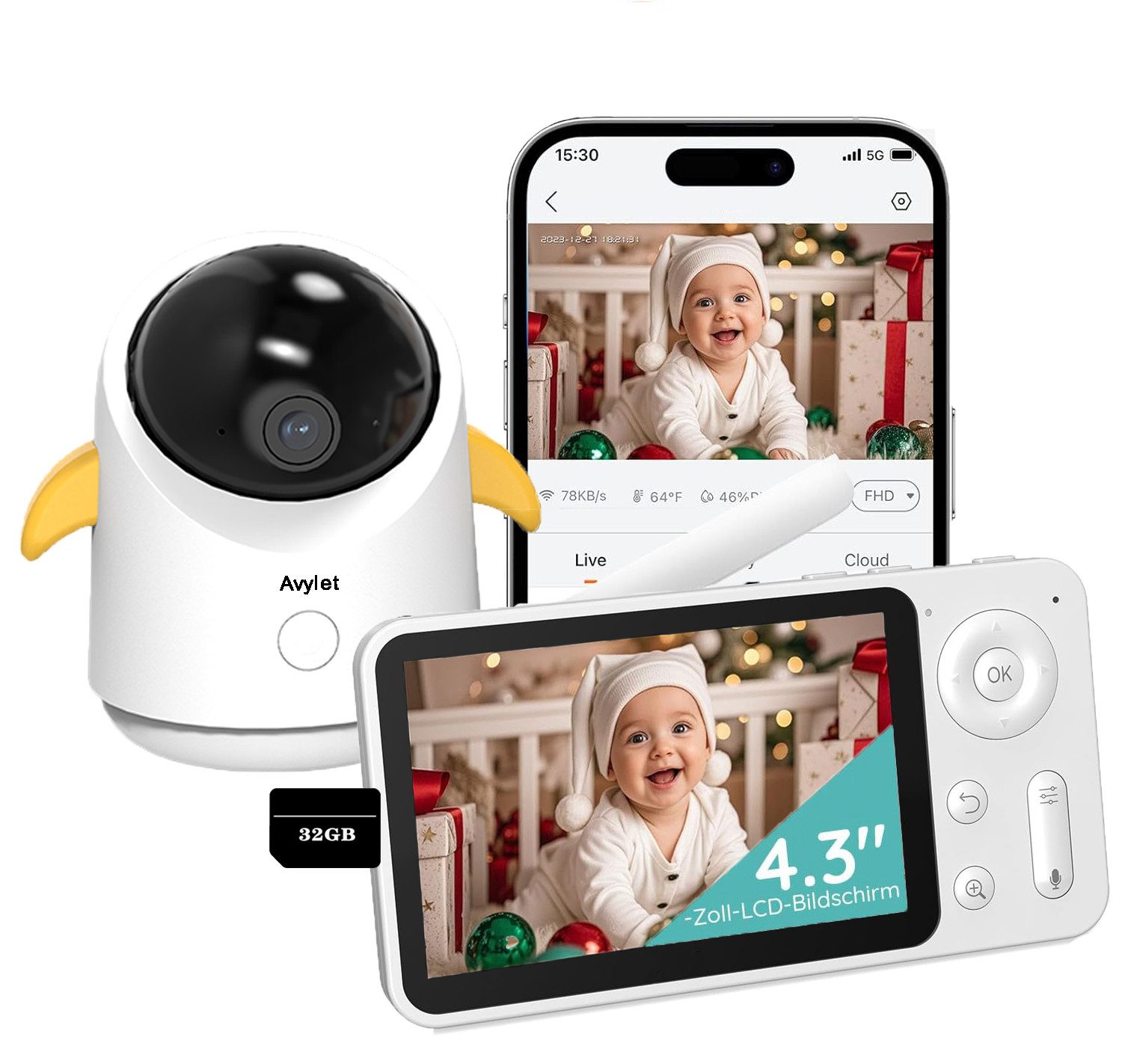 Video-Babyphone 4,3 Zoll Video-Babyfon mit Kamera 360° WLAN Babyphone mit App