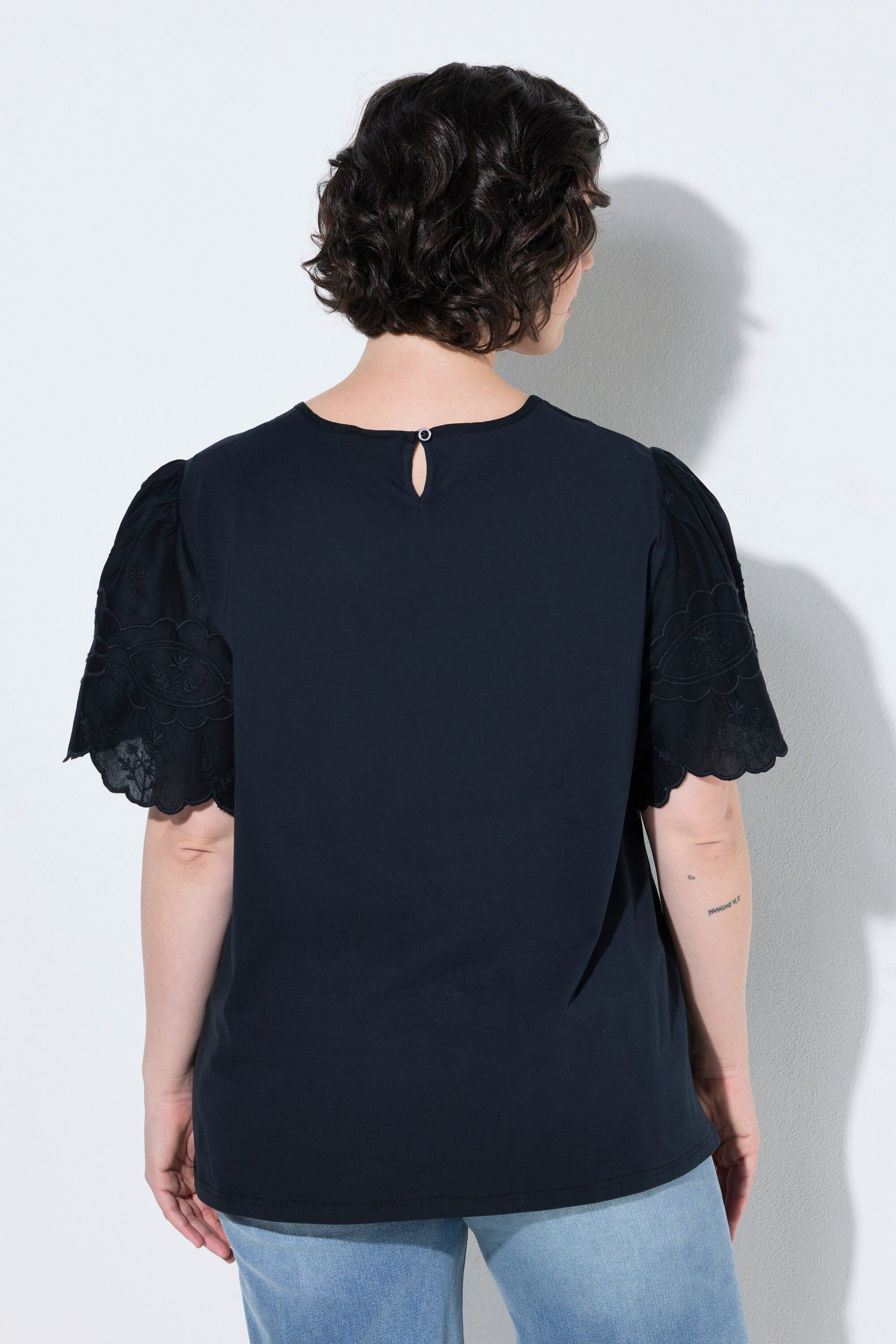 Ulla Popken Druckbluse Blusenshirt Stickerei Biesen A-Linie Rundhals