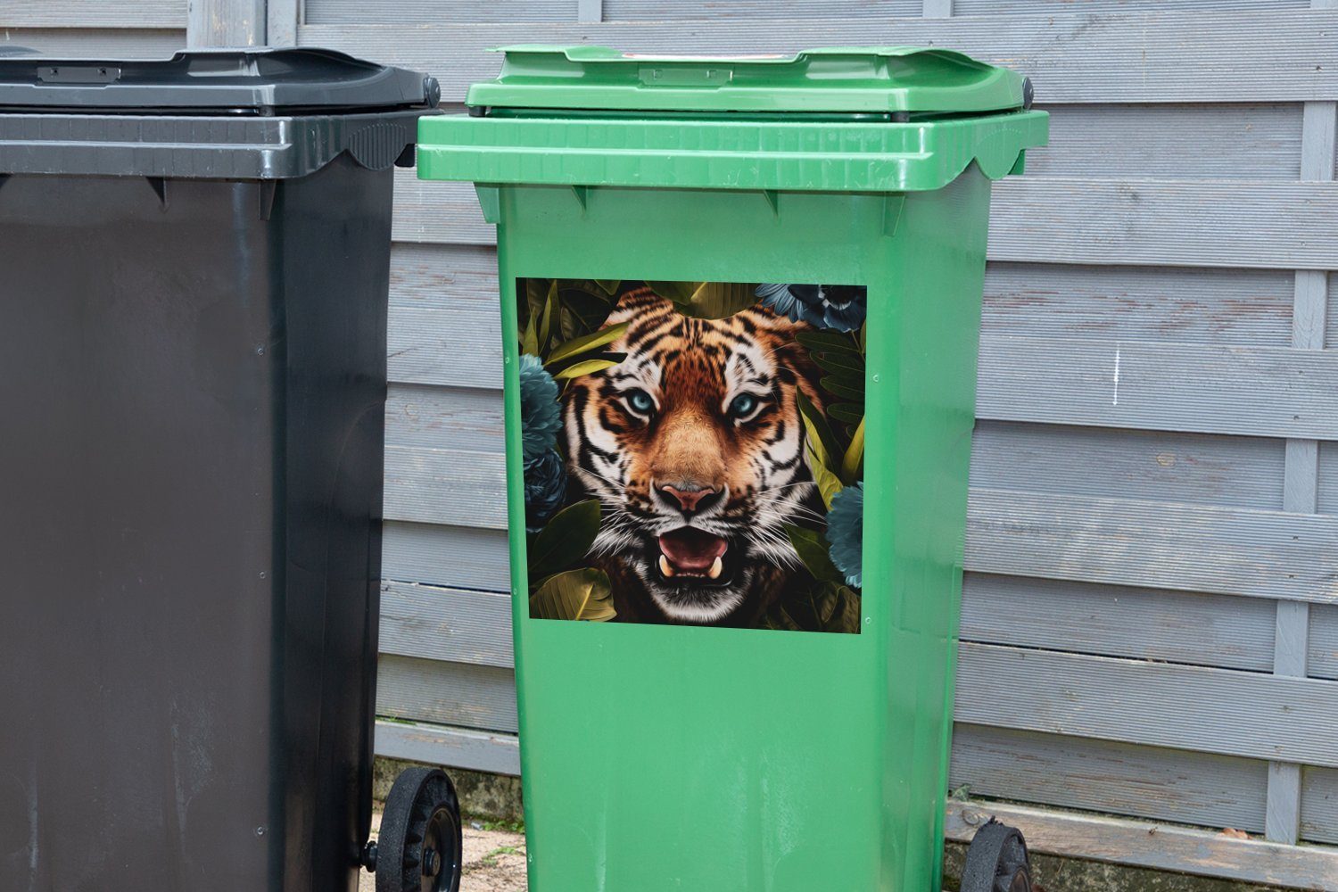 MuchoWow Wandsticker Tiger - Mülleimer-aufkleber, Container, St), Dschungel Blumen Abfalbehälter - Sticker, (1 Mülltonne