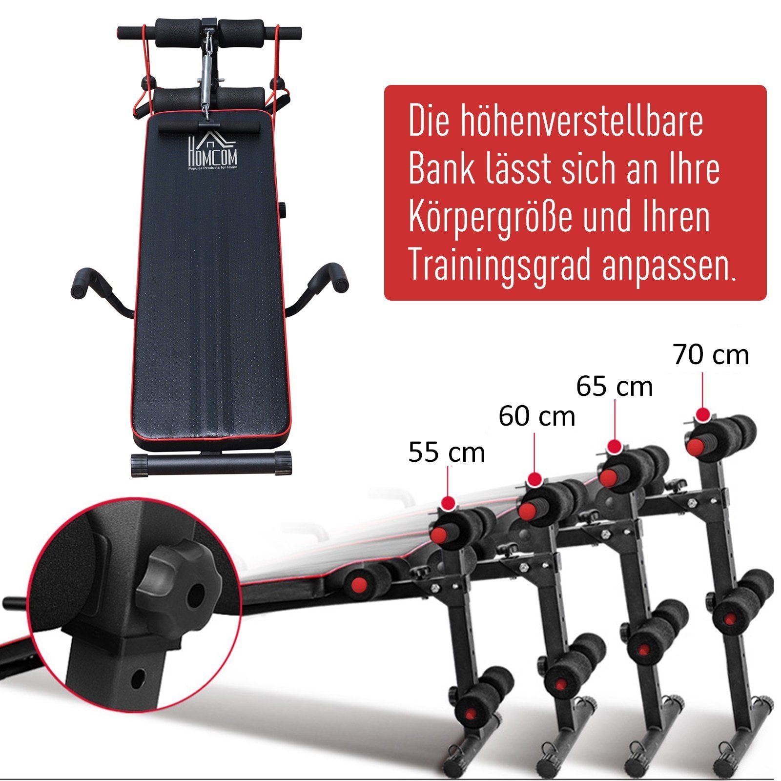 HOMCOM Bauchtrainer Sit-Up-Bank mit Widerstandsbänder