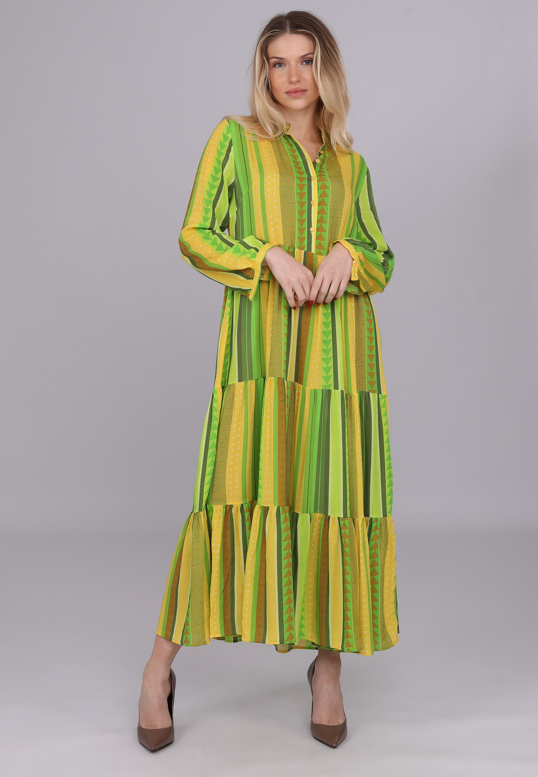 YC Fashion & Style Sommerkleid Sommerkleid in Neon-Grün mit Streifenmuster aus 100 % Viskose Alloverdruck, Boho, Streifen