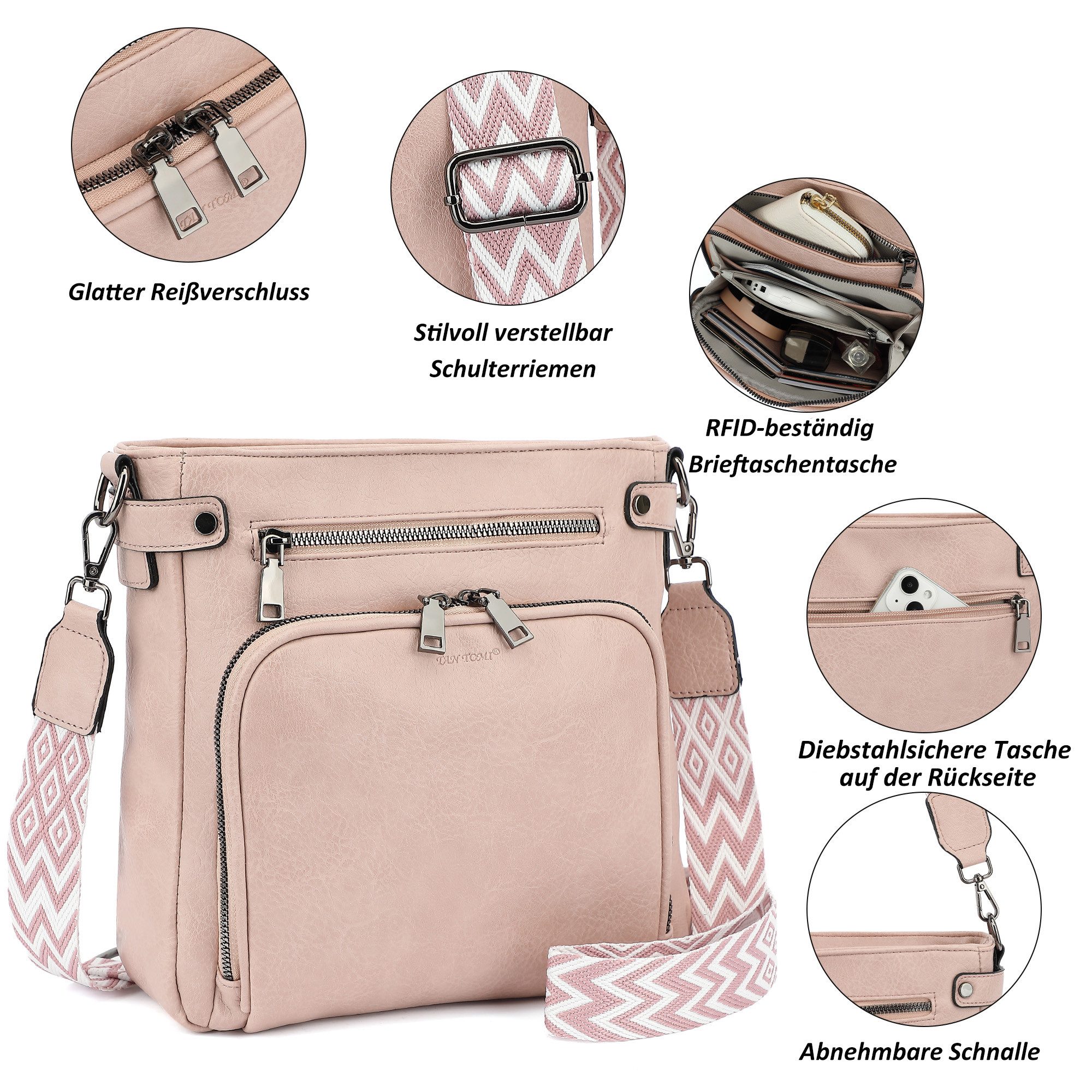 TAN.TOMI Schultertasche Handtasche damen mittelgroß Umhängetaschen crossbody bag, Retro leder PU damentaschen mit breitem gurt handtaschen