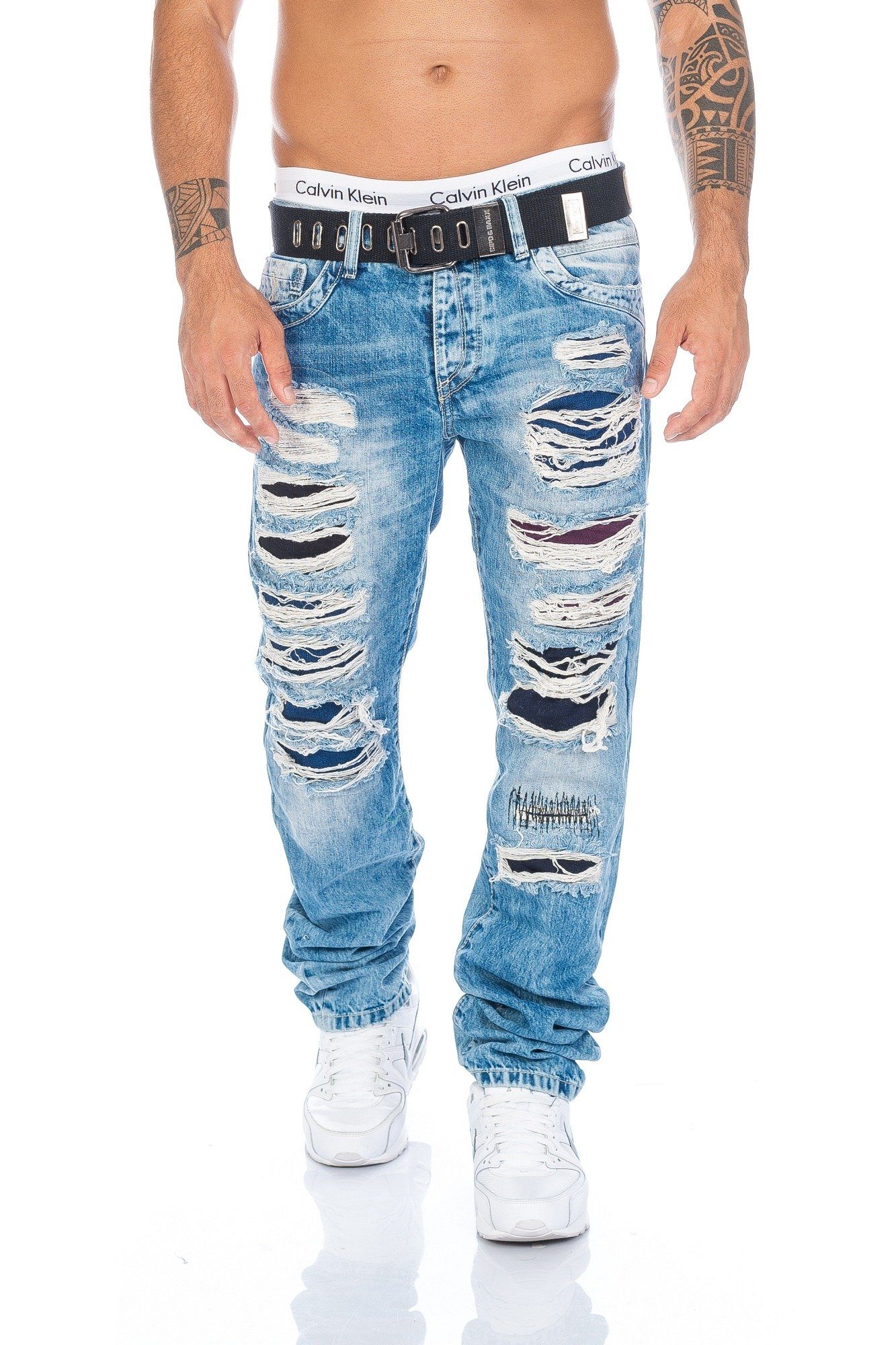 Herren Cipo inklusive mit Look mit Regular-fit-Jeans unterlegt Stoffunterlegungen, farbigen farbigen Jeans im Look Gürtel Hose Destroyed & Baxx Destroyed Stoff