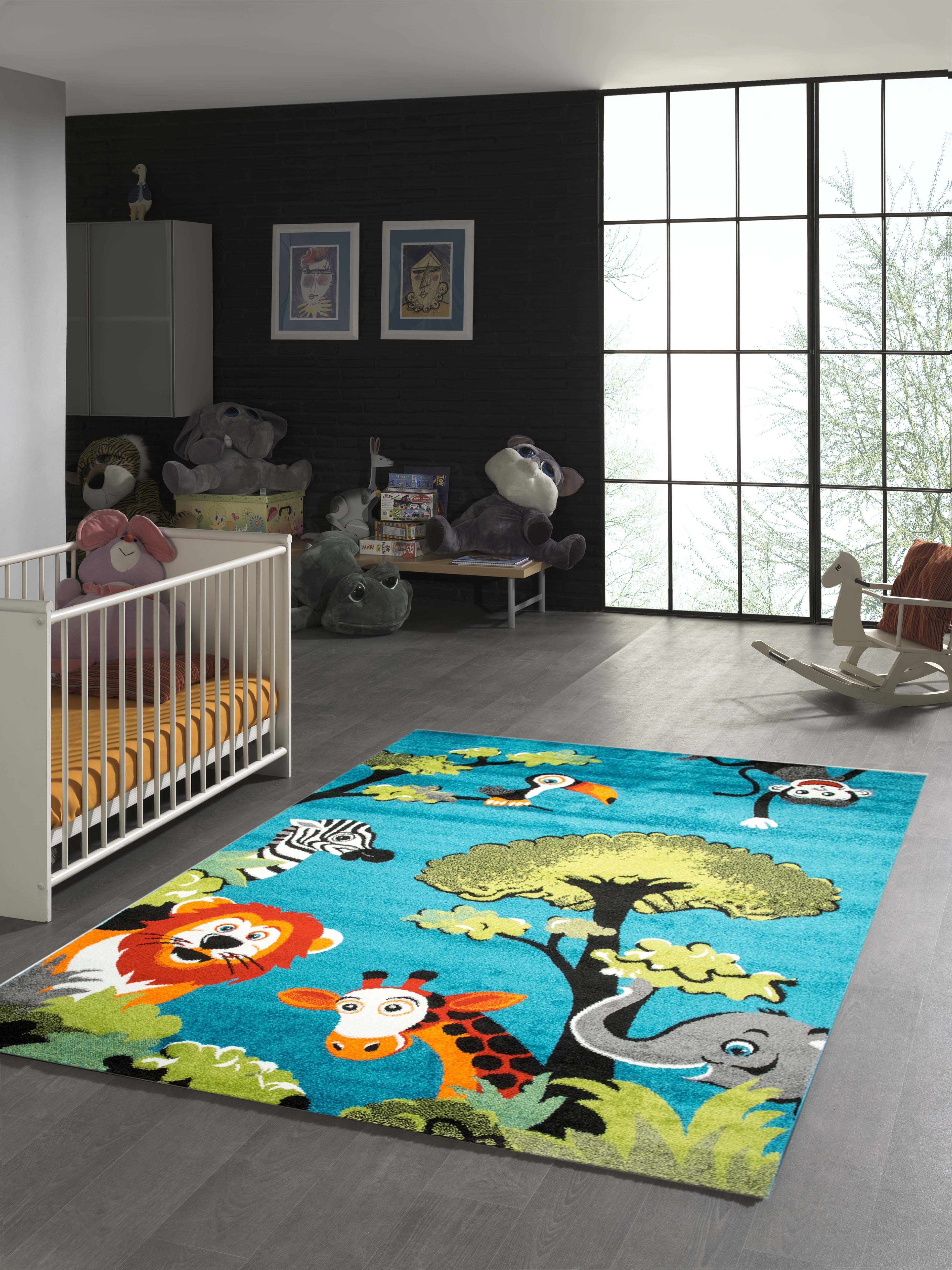 Kinderteppich Bunter Kinderzimmer-Teppich mit Waldtiere in Blau,  TeppichHome24, rechteckig, Höhe: 11 mm
