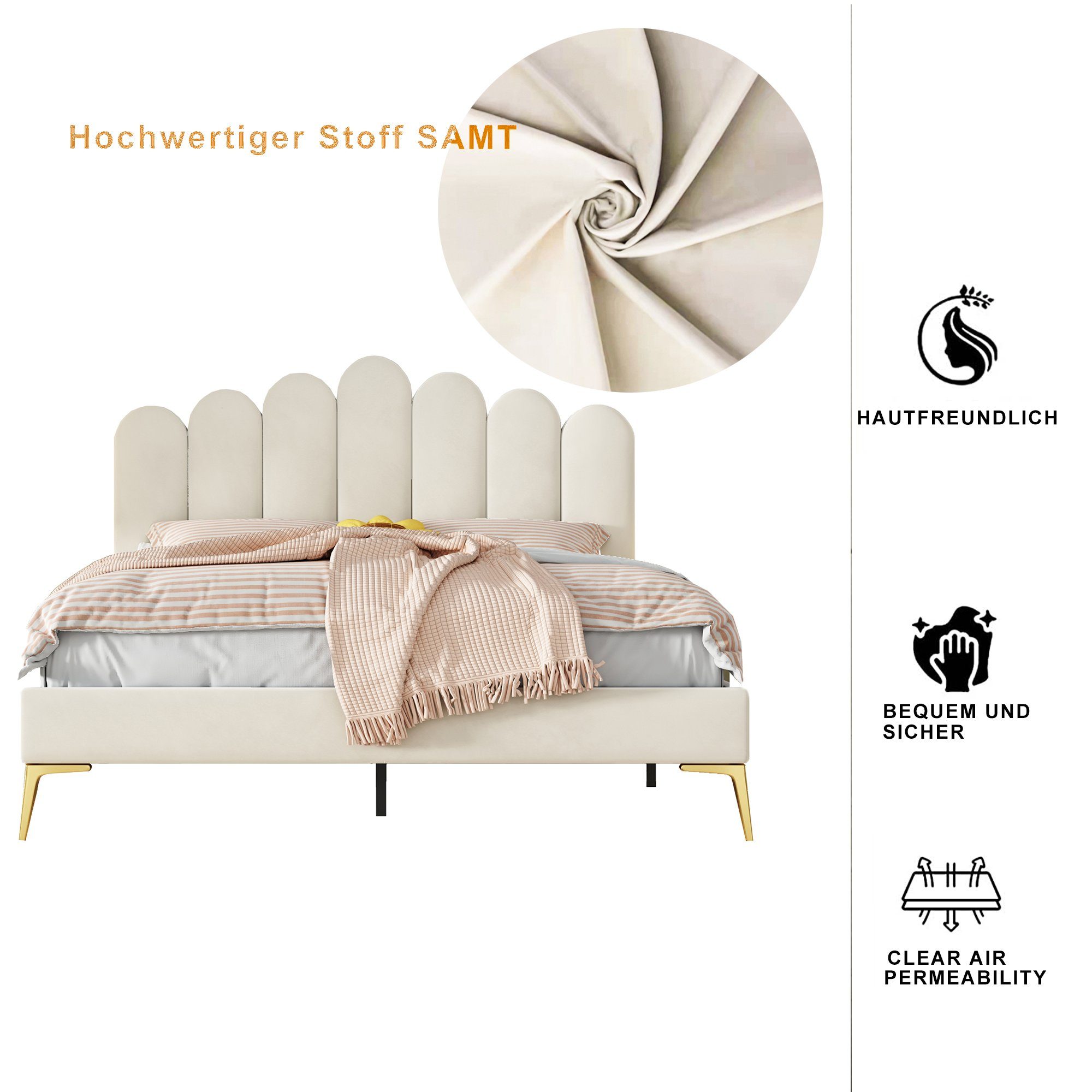 Gästebett Funktionsbett Lattenrost), Bettgestell Kopfteil beige 200 Matratze x (hautfreundlichem Jugendbett Samtstoff, Polsterbett cm, mit ohne Doppelbett und WISHDOR 140