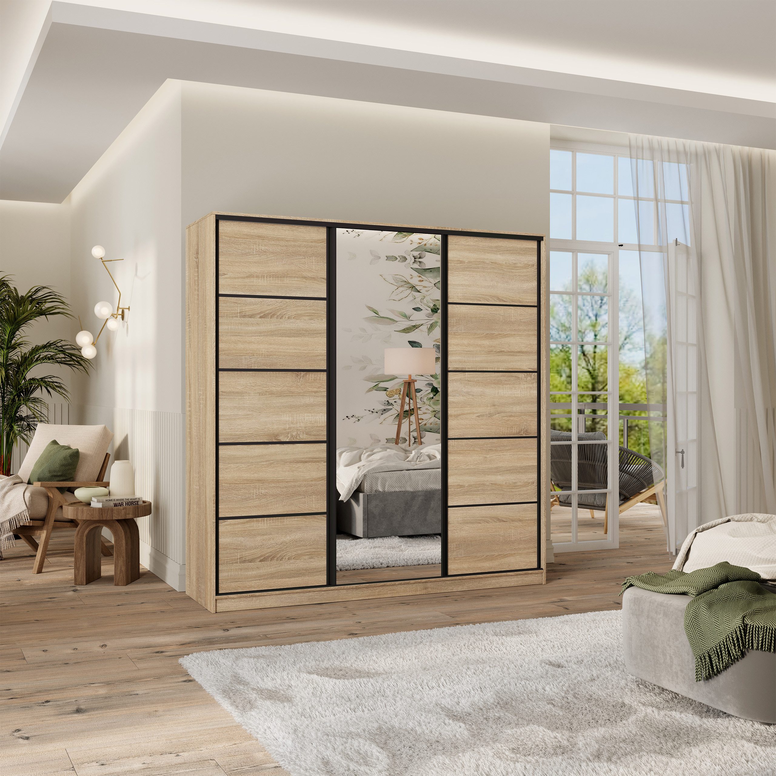Masseno Schwebetürenschrank PINA 180 cm Kleiderschrank mit Spiegel 3 Türen Eiche Sonoma
