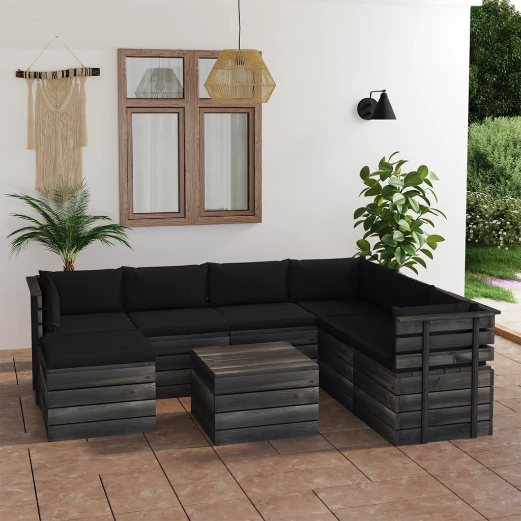 vidaXL Gartenlounge-Set 8-tlg. Garten-Sofagarnitur aus Paletten mit Kissen Kiefernholz, (8-tlg) Schwarz