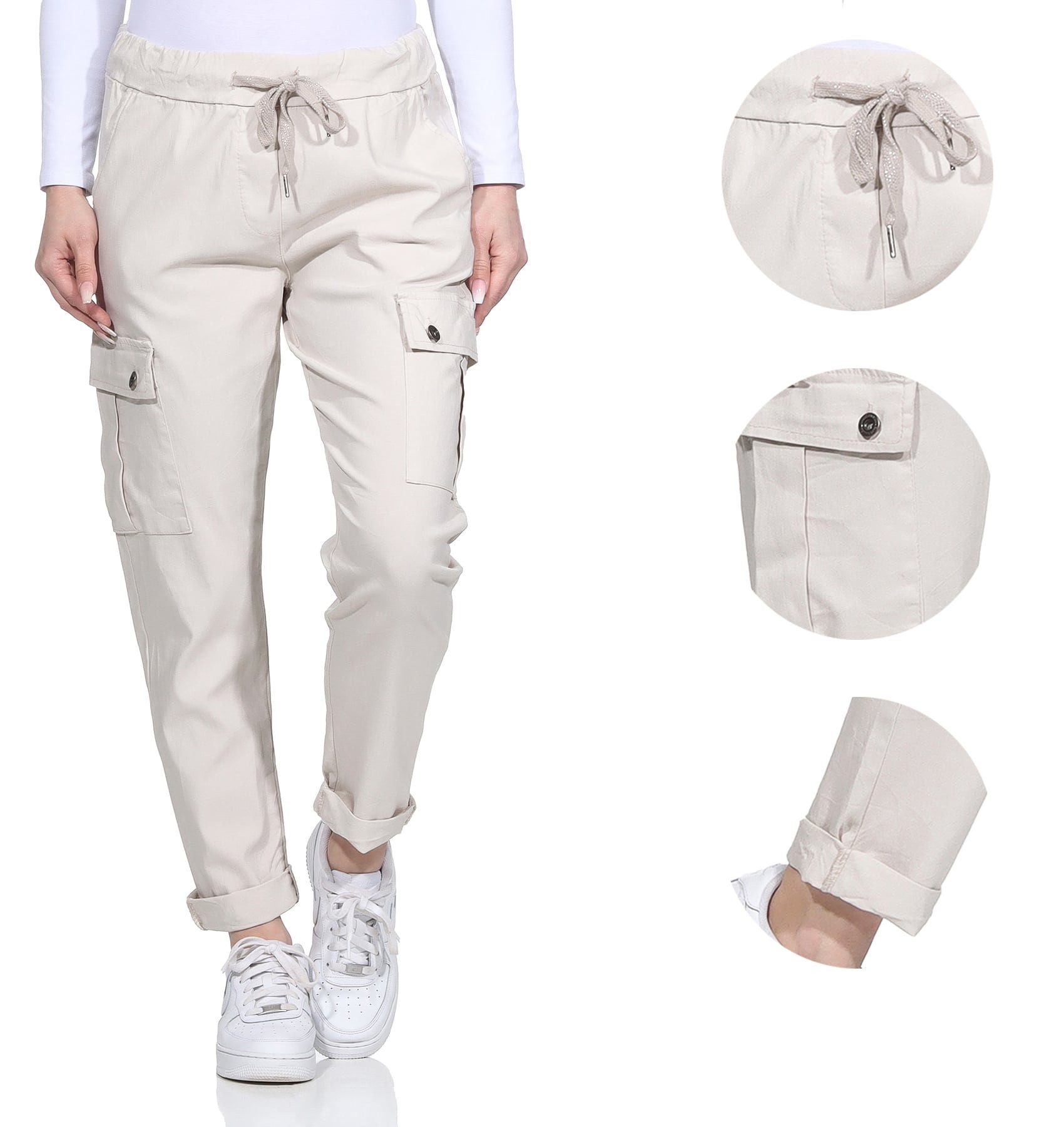 OriginalYou Cargohose Damen Freizeithose Schlupfhose moderne Stoffhose elastischer Bund, Knitterlook