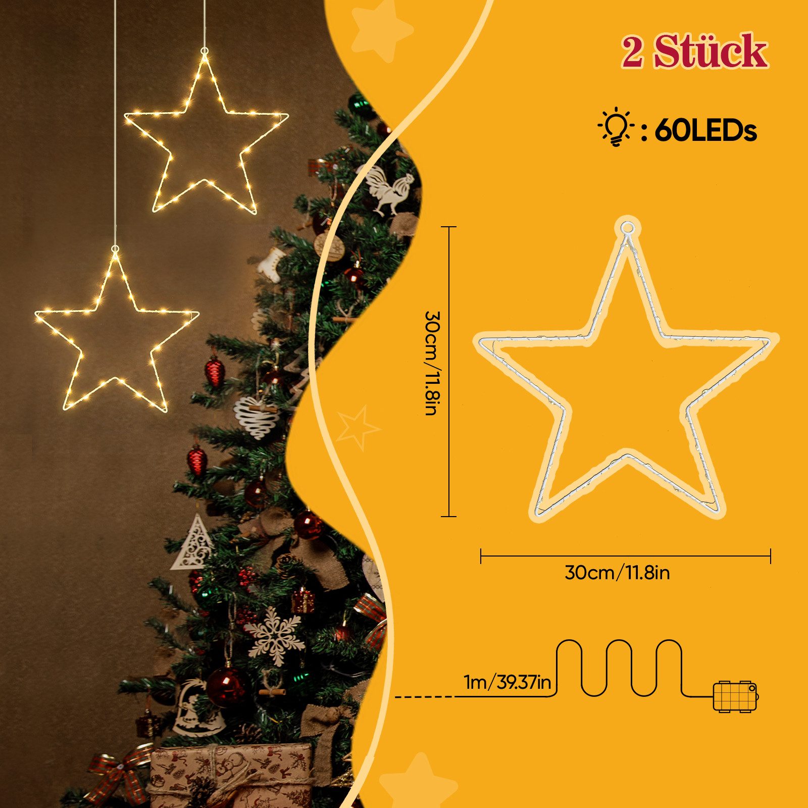 Salcar LED Stern LED Fensterdeko SternLED Weihnachtsstern Fensterlichter Weihnachtsdeko, LED fest integriert, Batteriebetrieben mit Timer, 8 Modi Weihnachtsbeleuchtung
